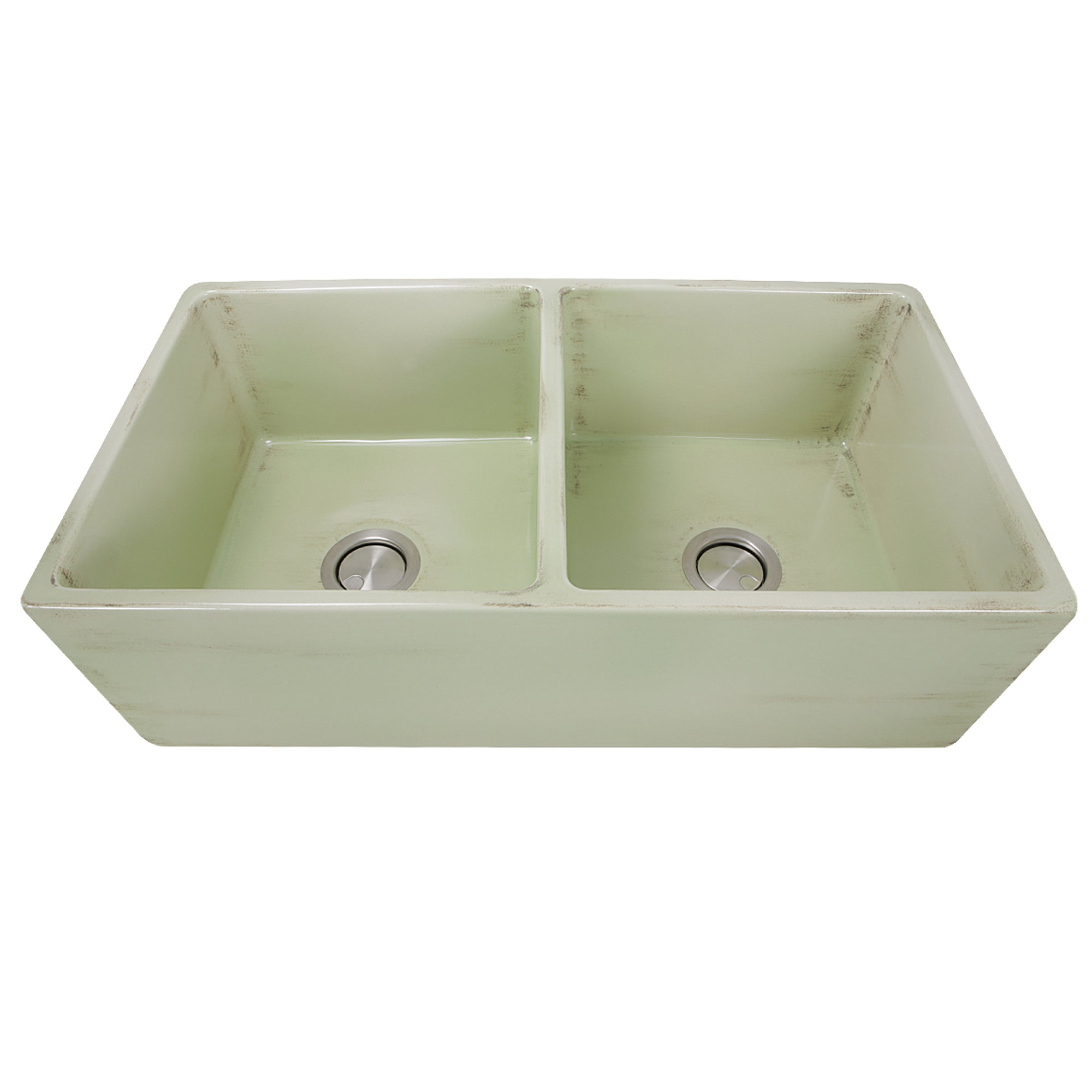 Nantucket Sinks Vineyard 33" Fireclay Farmhouse Sink, Double Bowl, Light Green, FCFS3318D-ShabbyGreen - The Sink Boutique