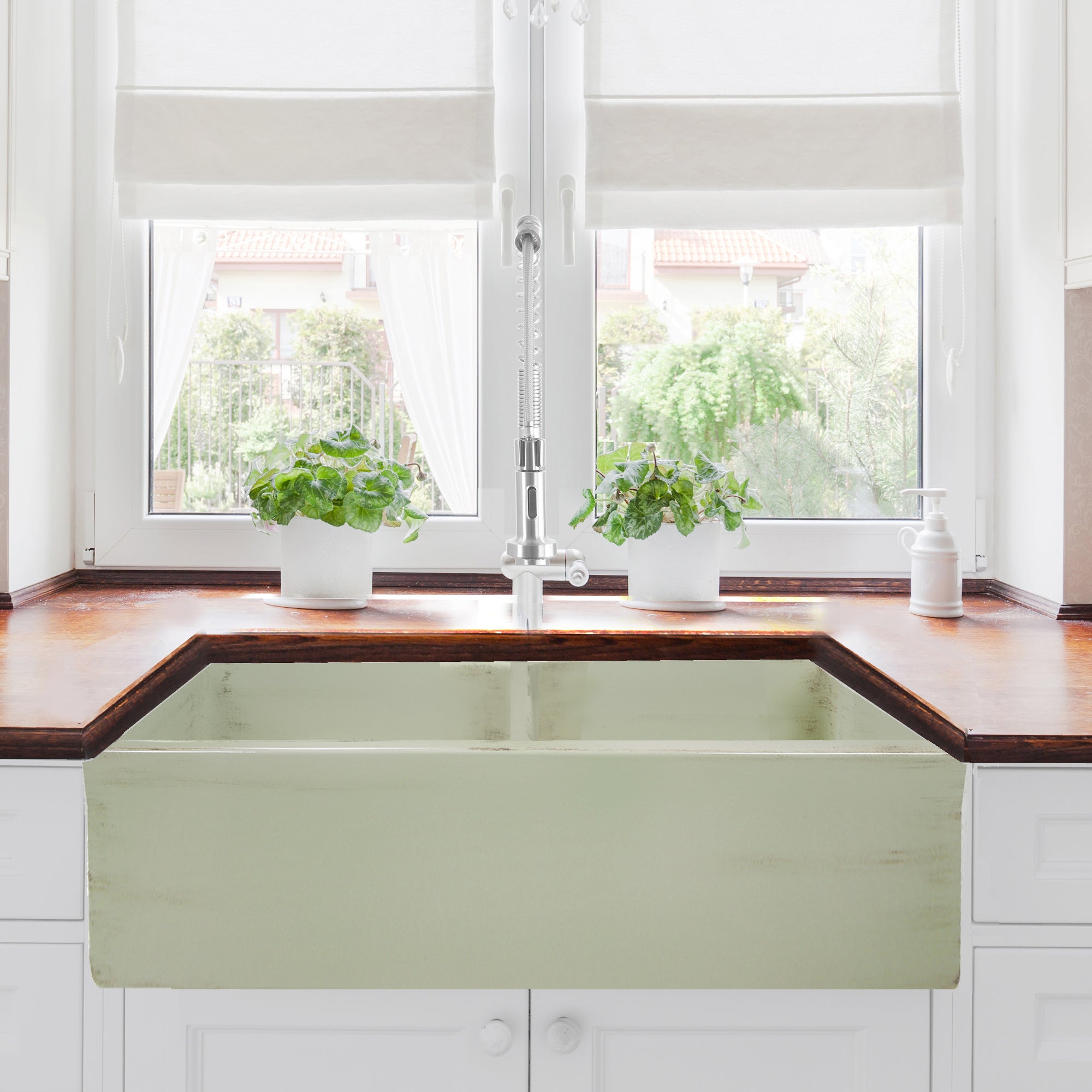 Nantucket Sinks Vineyard 33" Fireclay Farmhouse Sink, Double Bowl, Light Green, FCFS3318D-ShabbyGreen