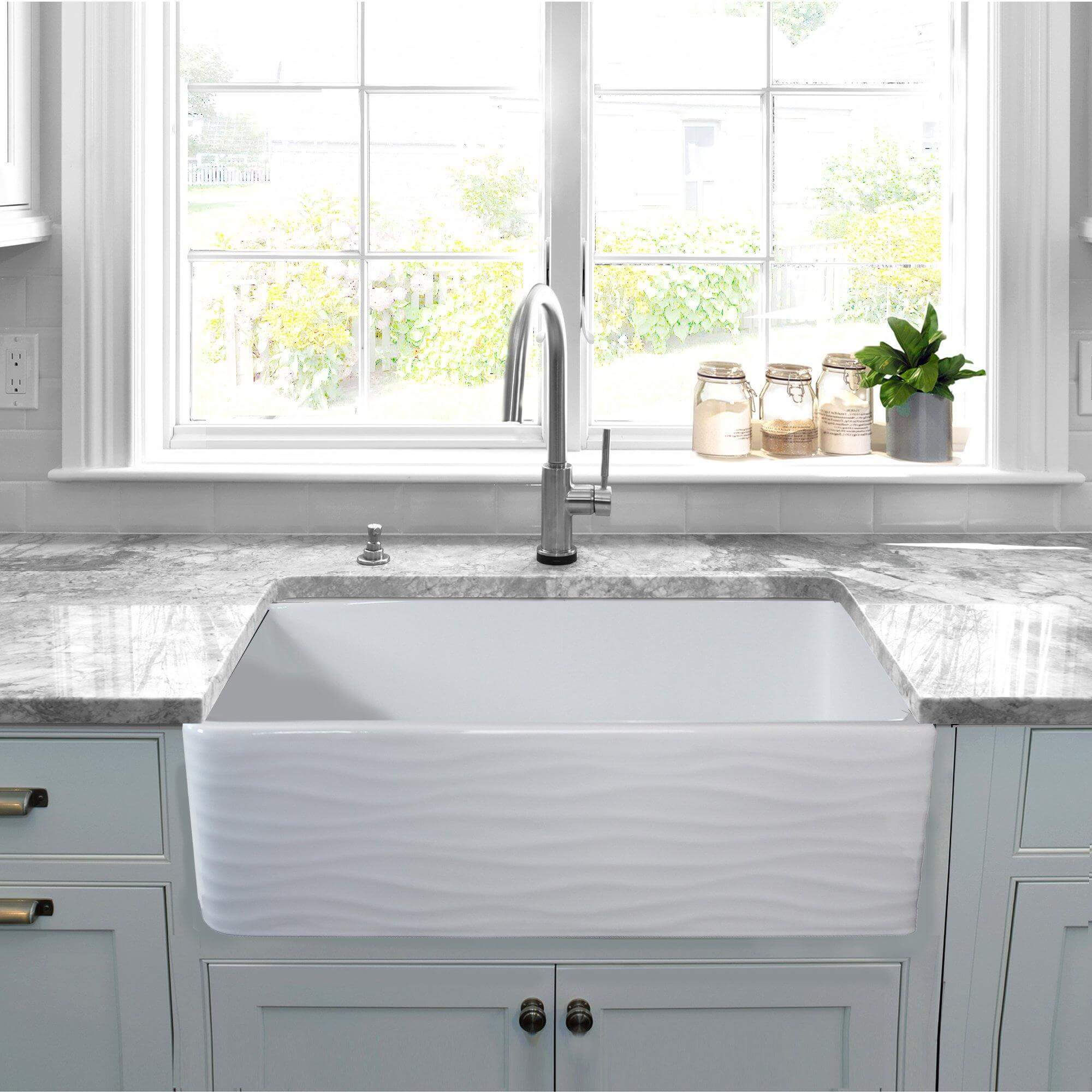Nantucket Sinks Vineyard 33" Fireclay Farmhouse Sink, White, FCFS3320S-W-Waves - The Sink Boutique
