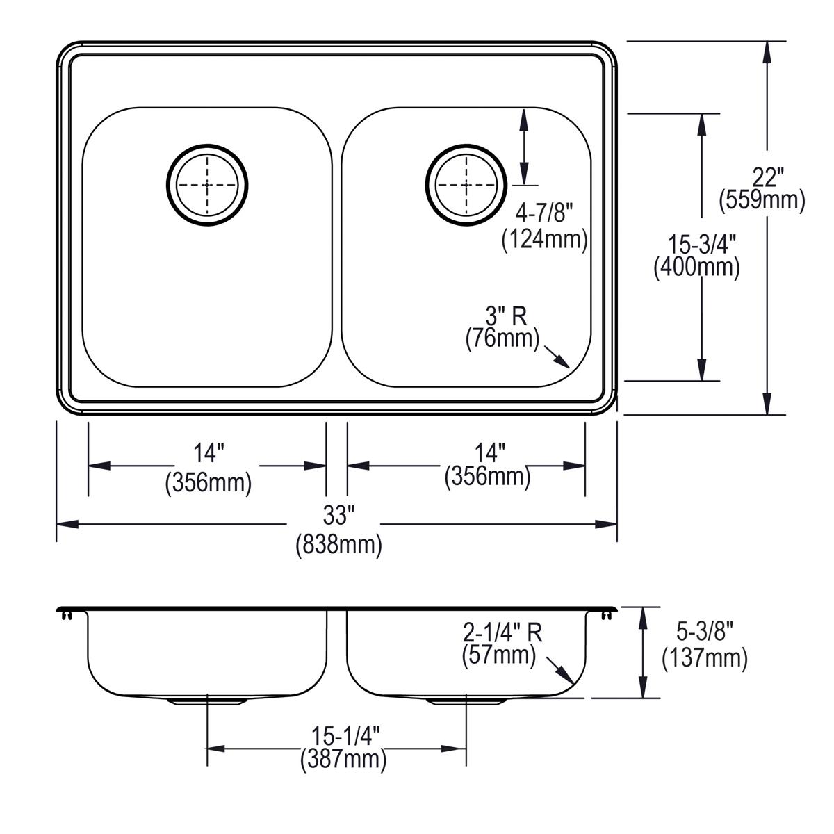 Alternate Image for Elkay Dayton 33" Stainless Steel Kitchen Sink, 50/50 Double Bowl, Satin, 2 Faucet Hole, GE233222
