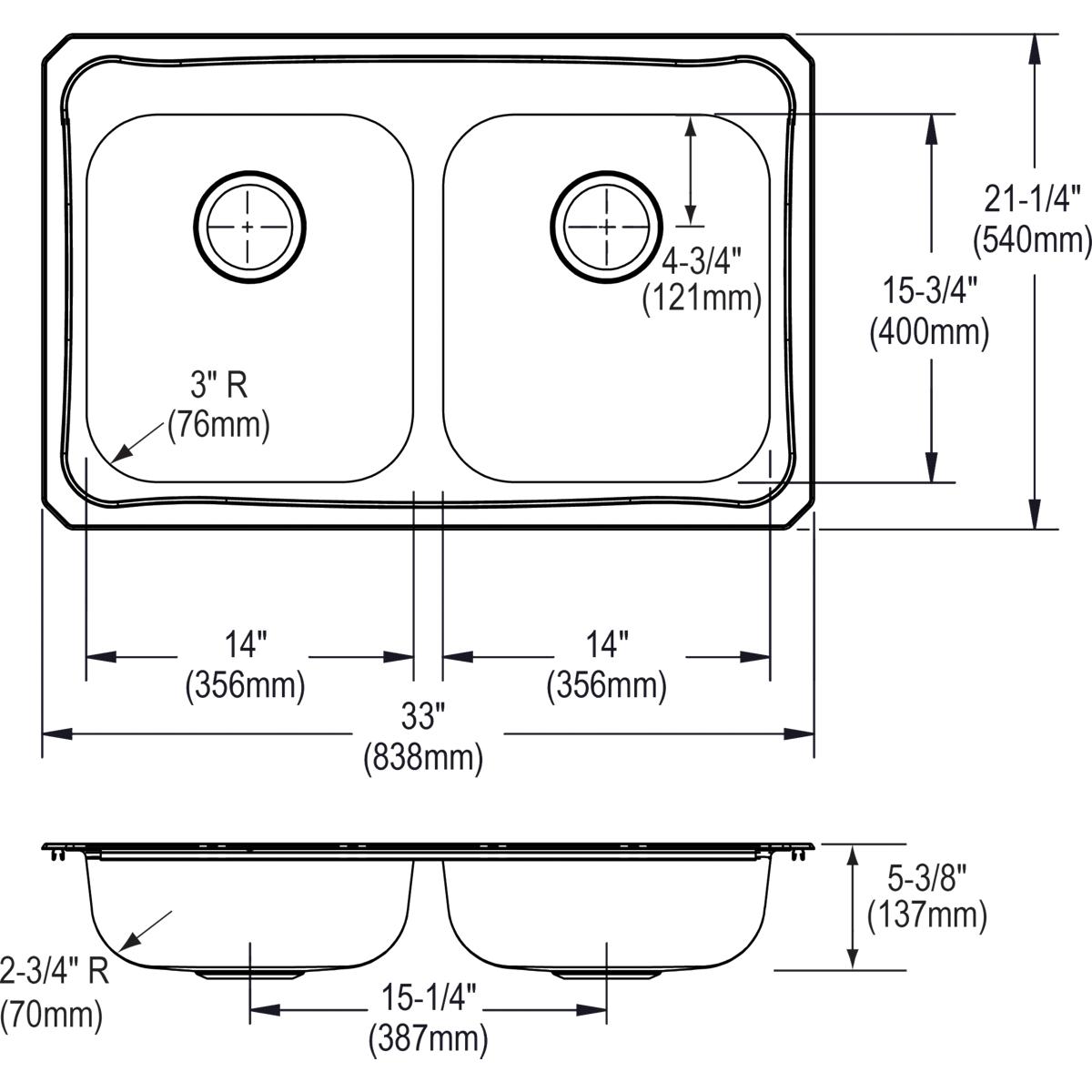 Alternate Image for Elkay Celebrity 33" Stainless Steel Kitchen Sink, 50/50 Double Bowl, Brushed Satin, 3 Faucet Hole, GECR33213