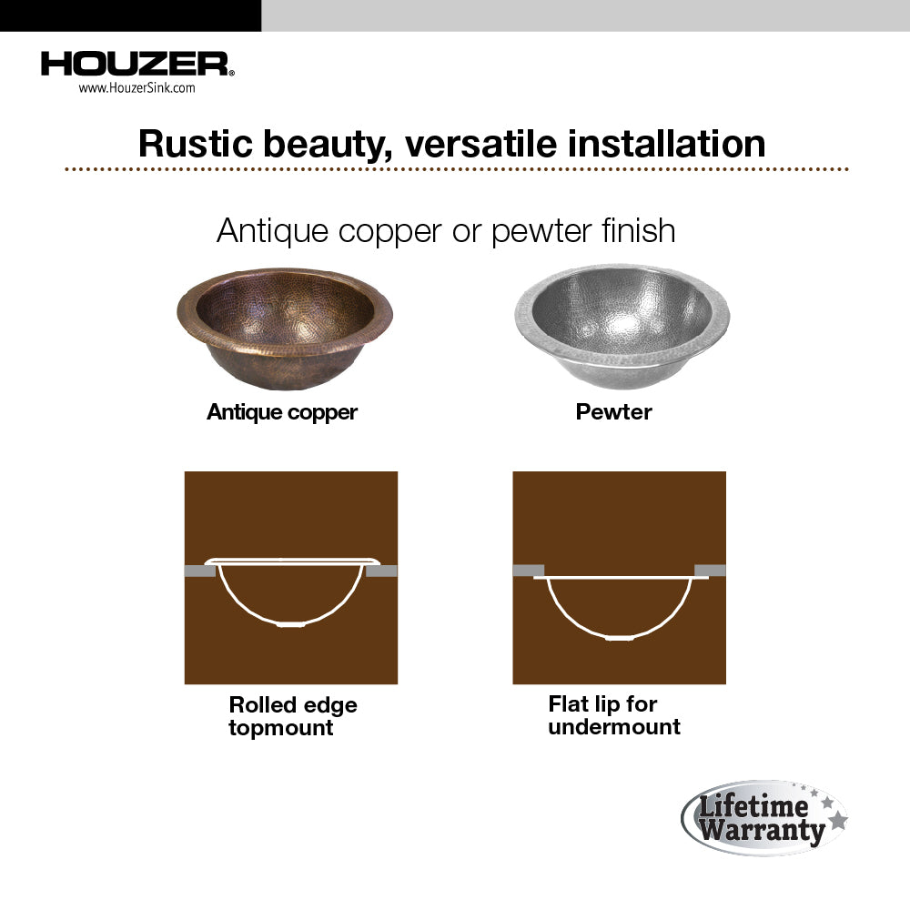 Alternate Image for Houzer 15" Copper Topmount Bathroom Sink, Pewter, HW-CLA2RS