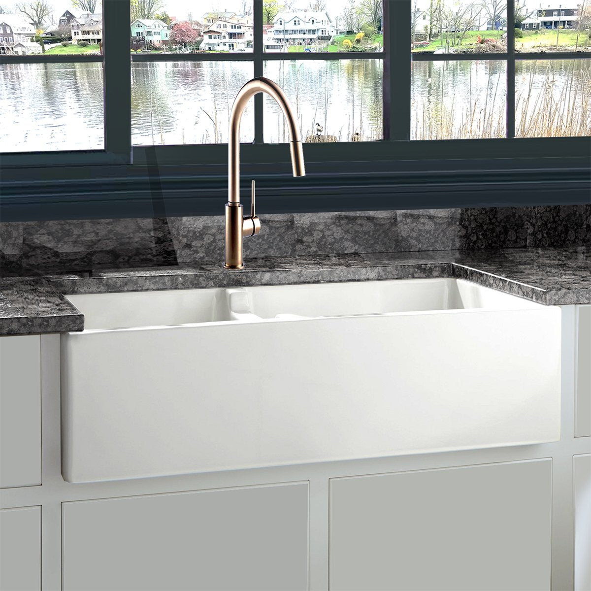 Nantucket Sinks Cape 36" Fireclay Farmhouse Sink, 60/40 Double Bowl, White, Hyannis-36-DBL