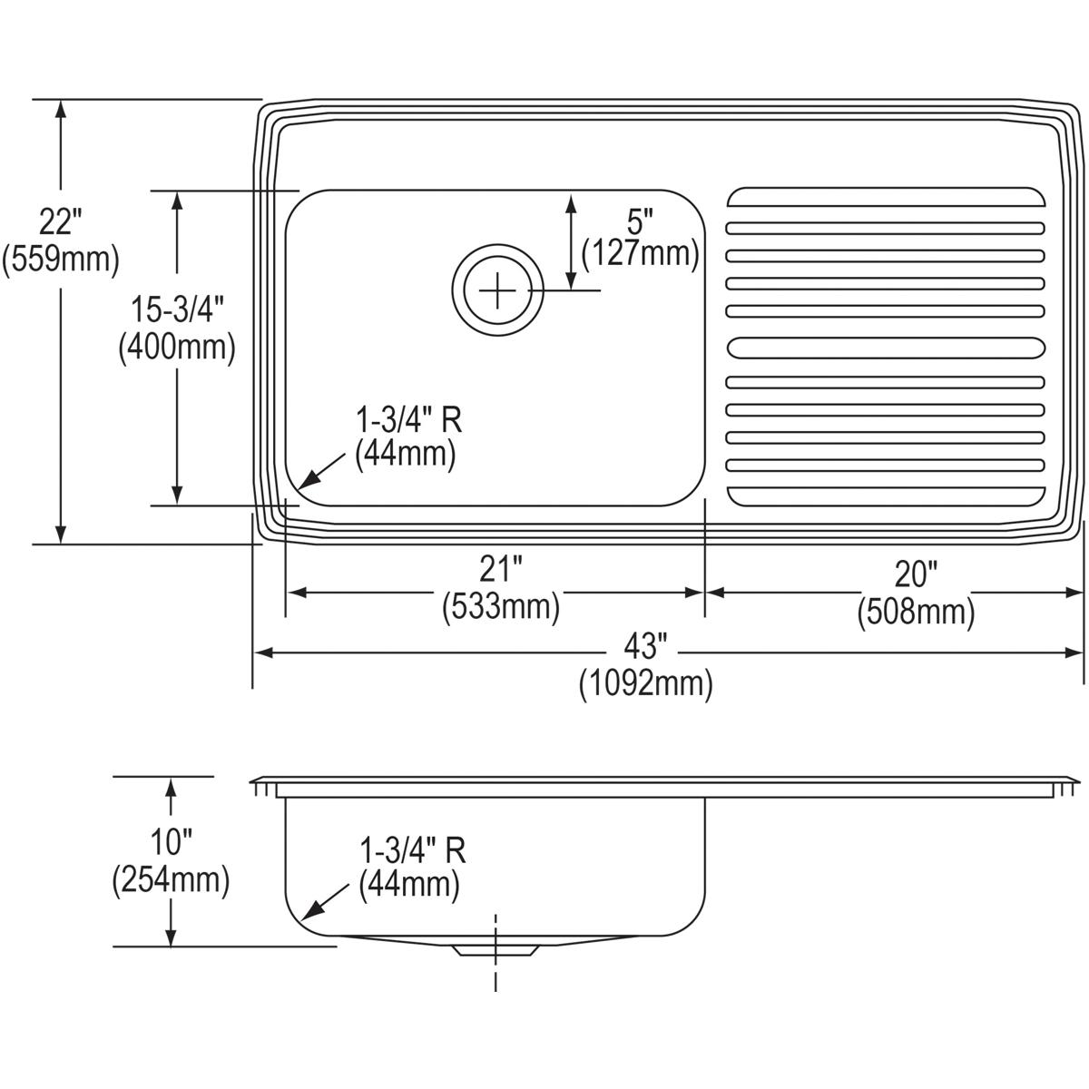 Alternate Image for Elkay Lustertone Classic 43" Stainless Steel Kitchen Sink, 18 Gauge, Lustrous Satin, MR2 Faucet Hole, ILGR4322LMR2