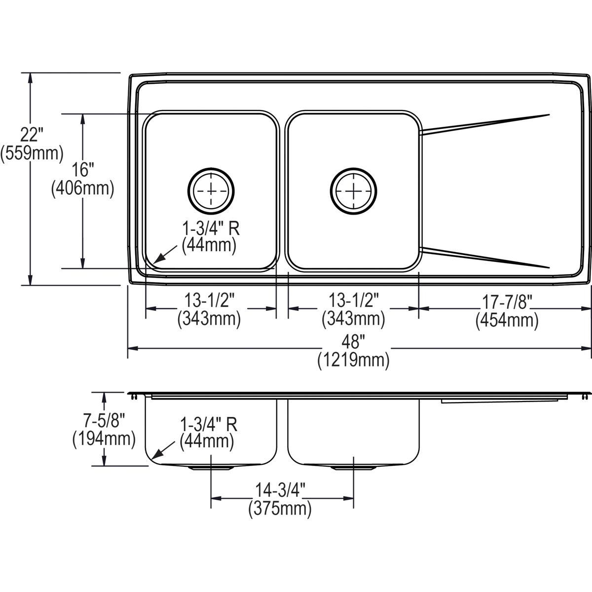 Alternate Image for Elkay Lustertone Classic 48" Stainless Steel Kitchen Sink, 50/50 Double Bowl, 18 Gauge, Lustrous Satin, 3 Faucet Hole, ILR4822L3