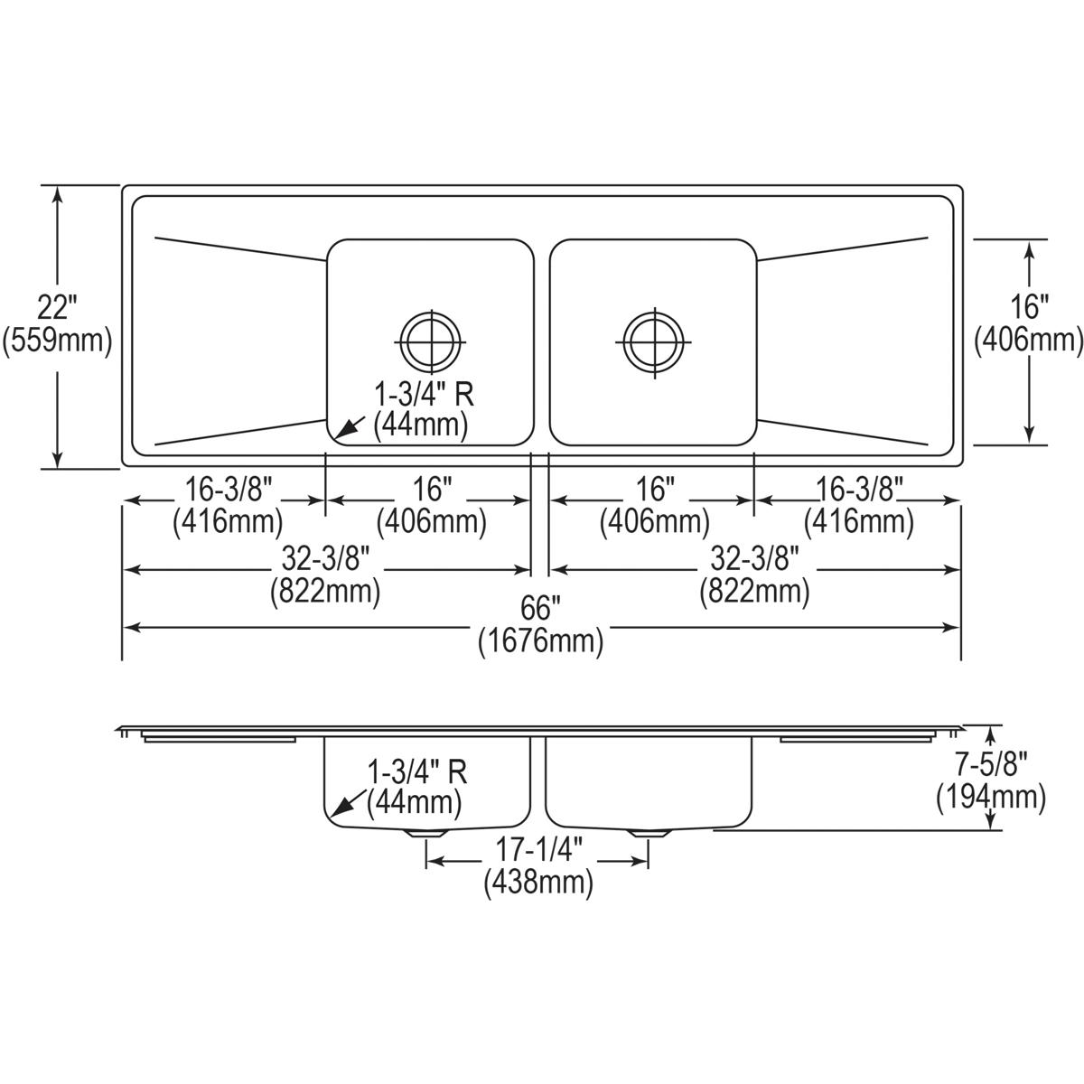 Alternate Image for Elkay Lustertone Classic 66" Stainless Steel Kitchen Sink, 50/50 Double Bowl, 18 Gauge, Lustrous Satin, 1 Faucet Hole, ILR6622DD1