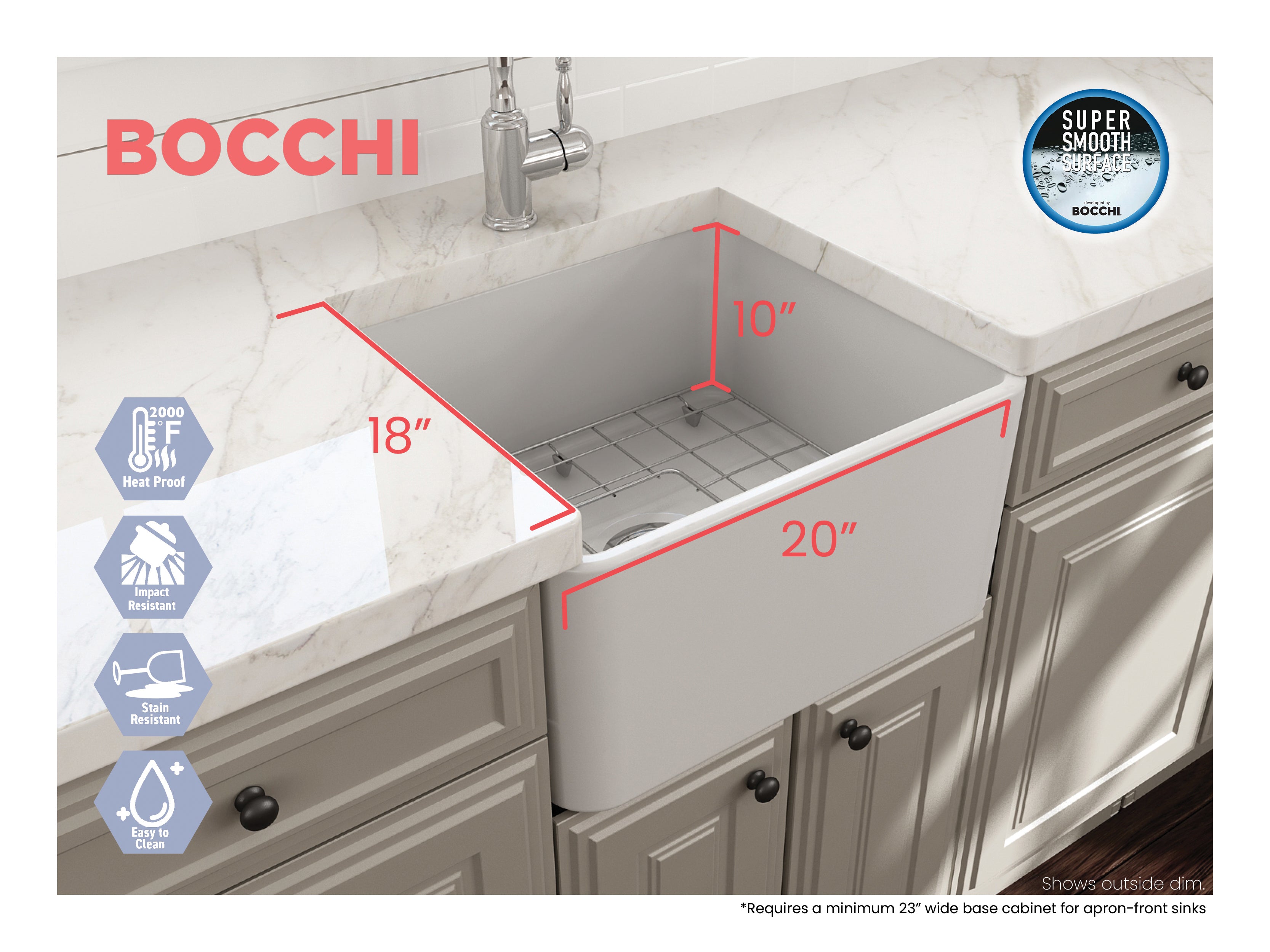 Alternate Image for BOCCHI Classico 20" Fireclay Farmhouse Apron Single Bowl Kitchen Sink, Matte White, 1136-002-0120