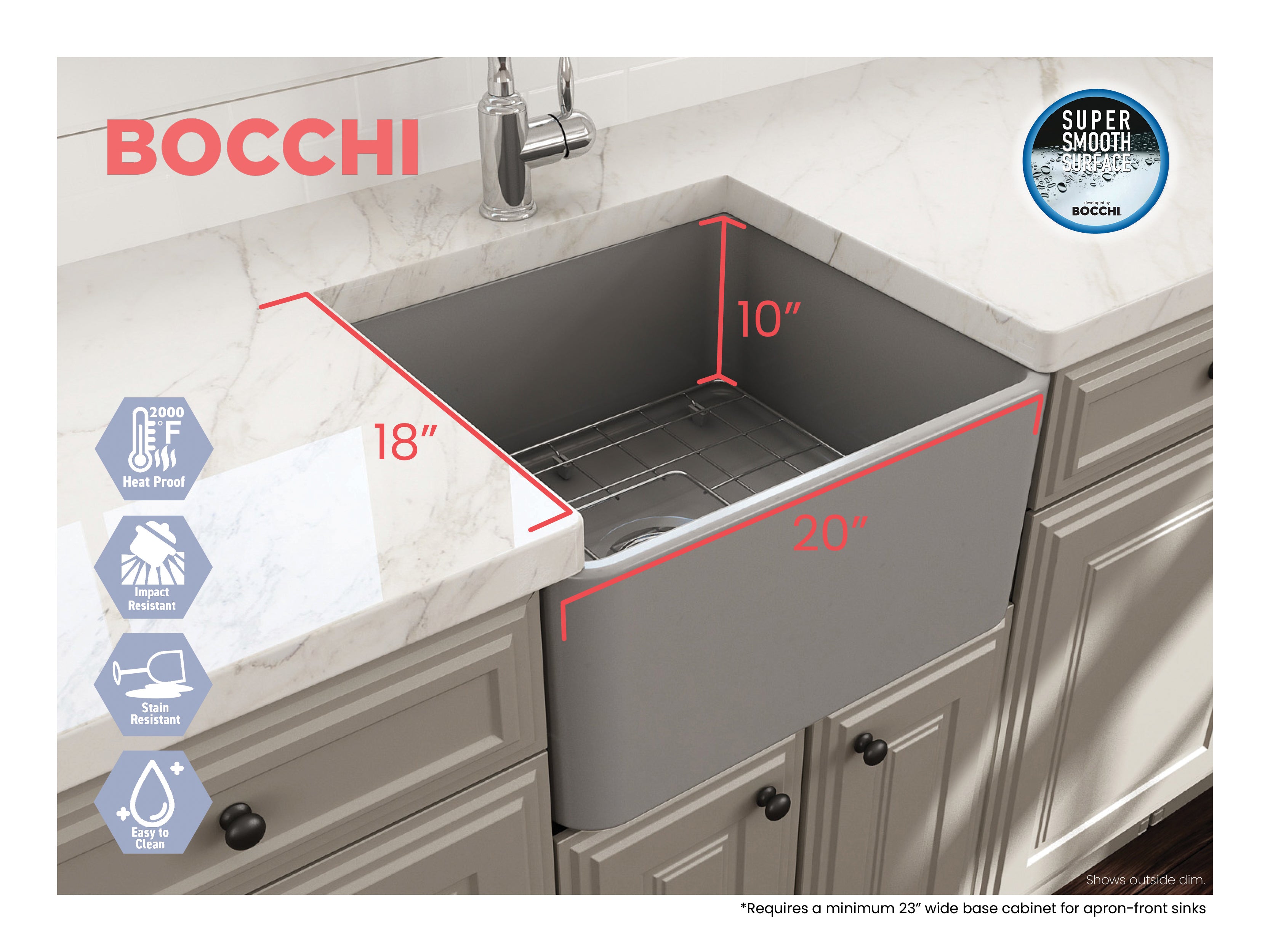 Alternate Image for BOCCHI Classico 20" Fireclay Farmhouse Apron Single Bowl Kitchen Sink, Matte Gray, 1136-006-0120