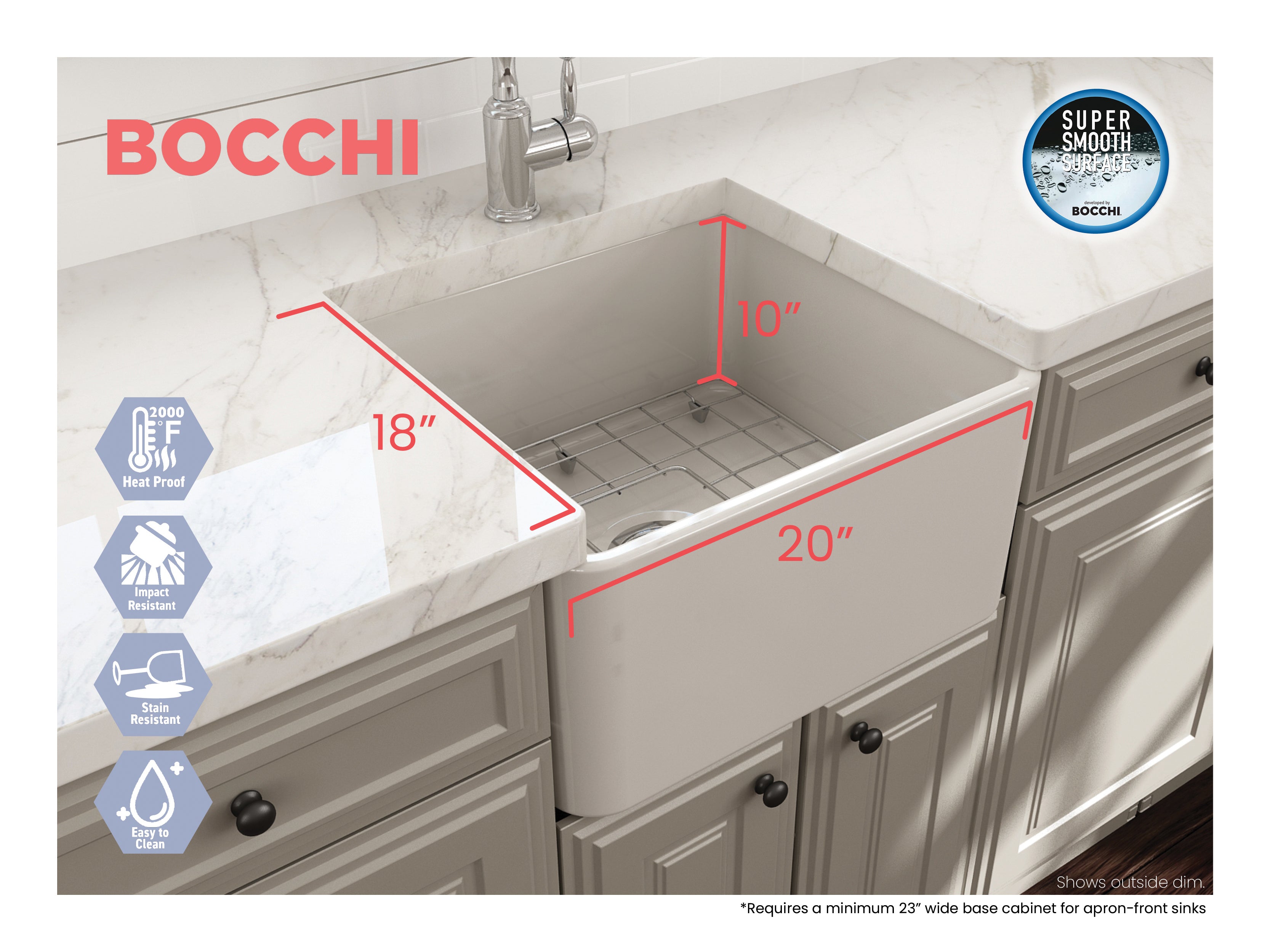 Alternate Image for BOCCHI Classico 20" Fireclay Farmhouse Apron Single Bowl Kitchen Sink, Biscuit, 1136-014-0120