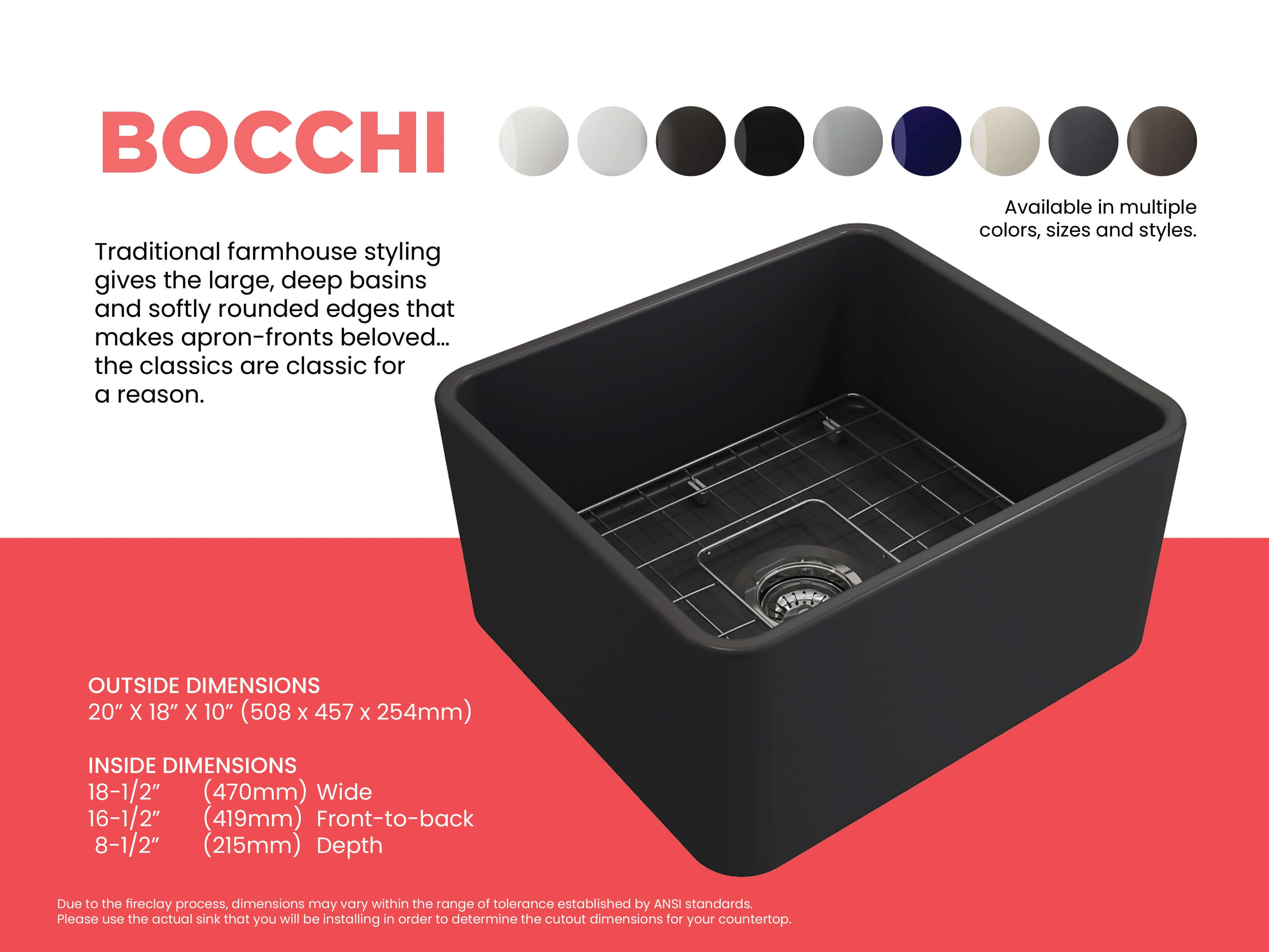 Alternate Image for BOCCHI Classico 20" Fireclay Farmhouse Apron Single Bowl Kitchen Sink, Matte Dark Gray, 1136-020-0120