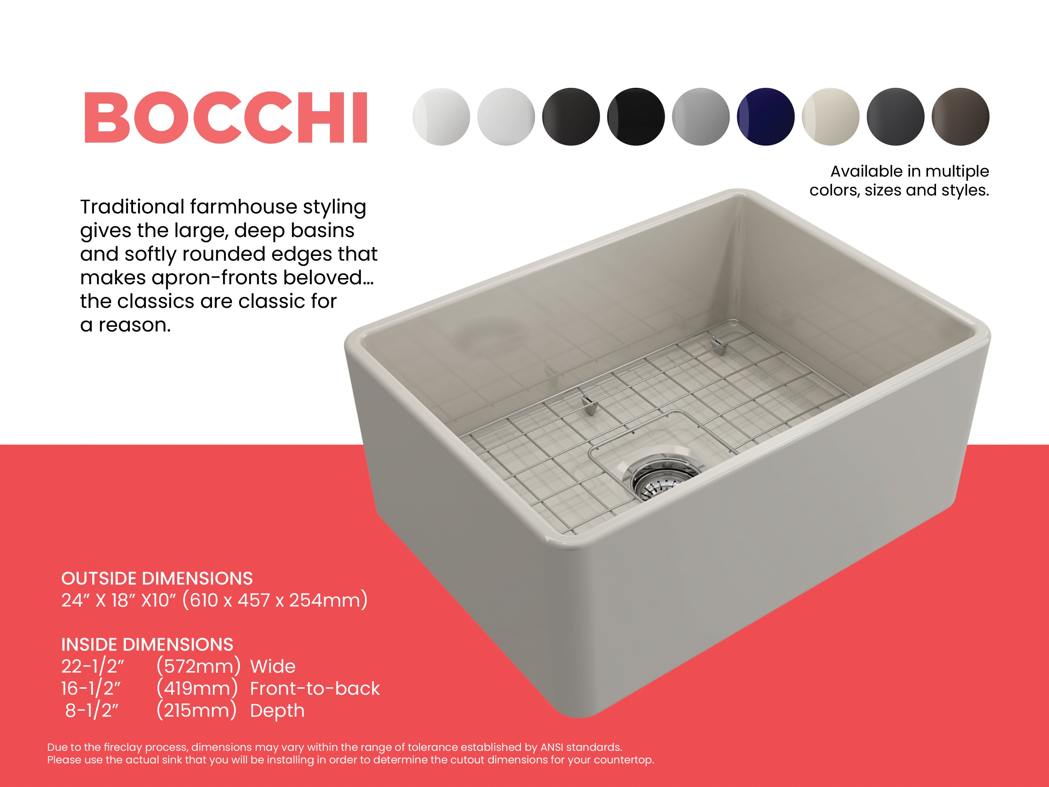 Alternate Image for BOCCHI Classico 24" Fireclay Farmhouse Apron Single Bowl Kitchen Sink, Biscuit, 1137-014-0120