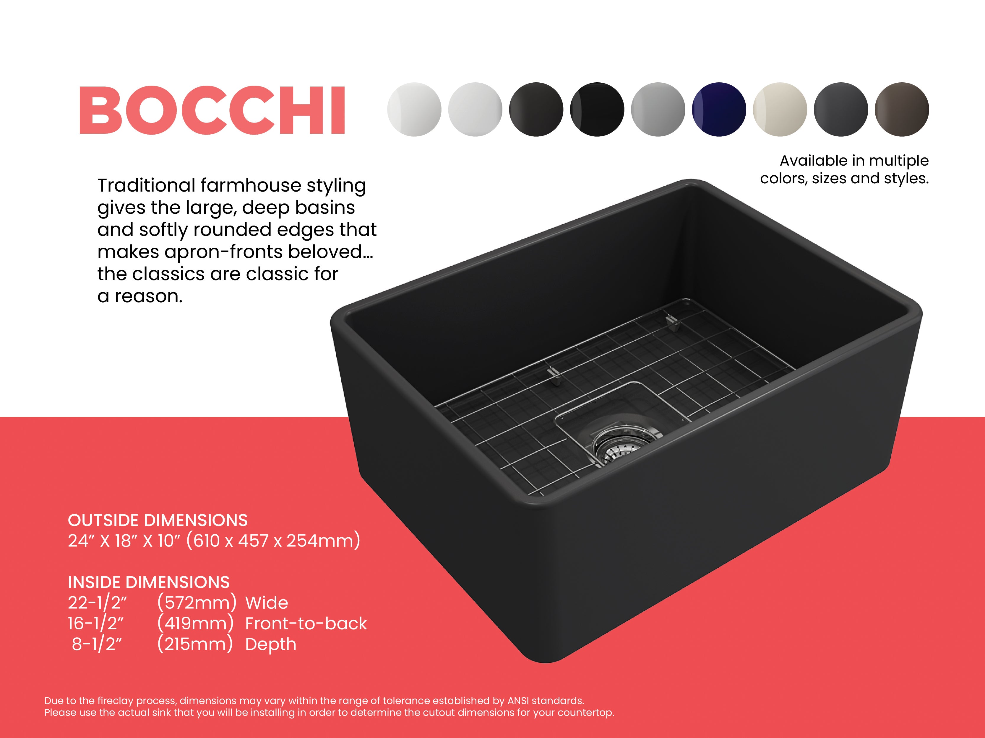 Alternate Image for BOCCHI Classico 24" Fireclay Farmhouse Apron Single Bowl Kitchen Sink, Matte Dark Gray, 1137-020-0120