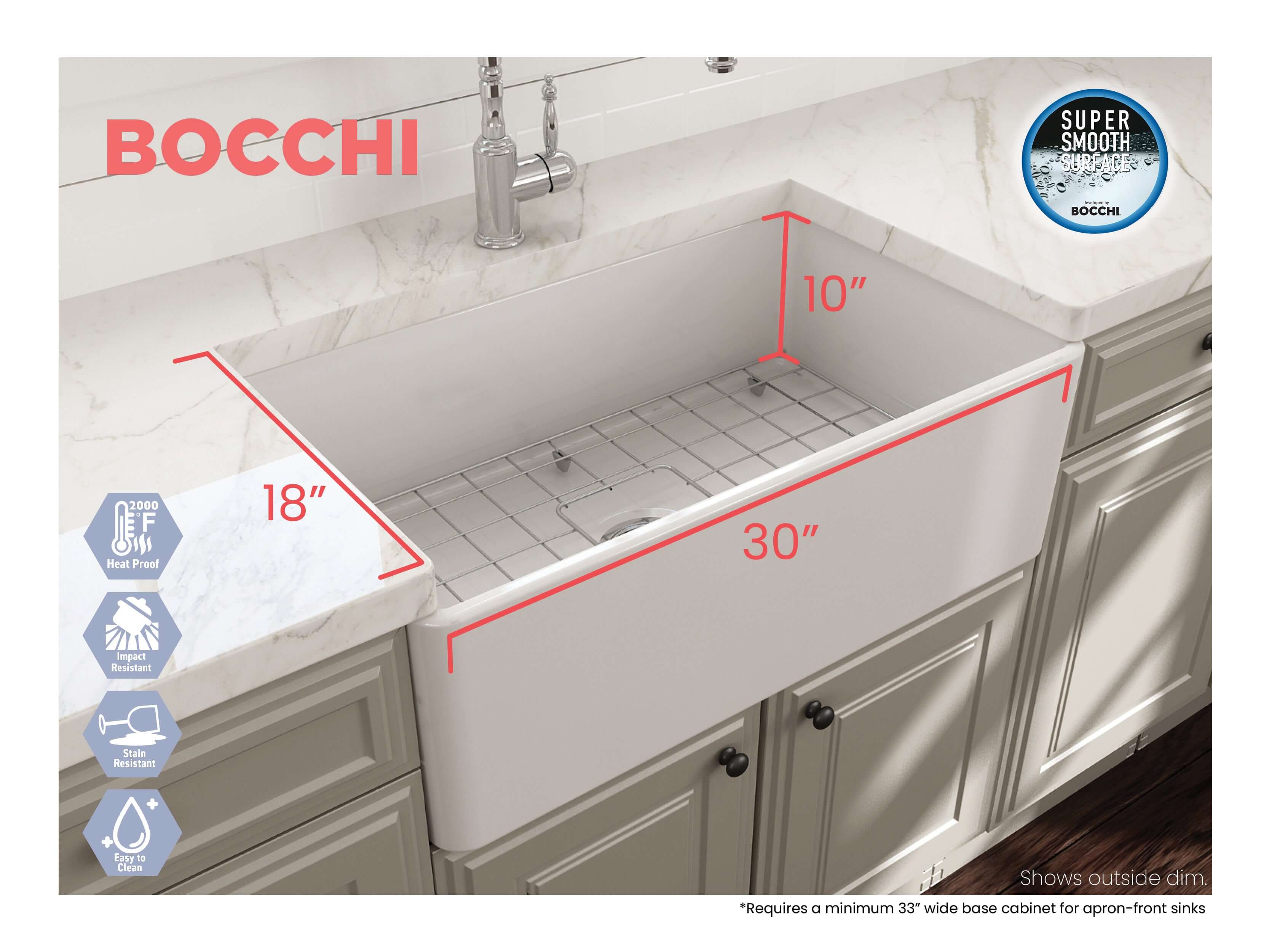 Alternate Image for BOCCHI Classico 30" Fireclay Farmhouse Apron Single Bowl Kitchen Sink, Matte White, 1138-002-0120