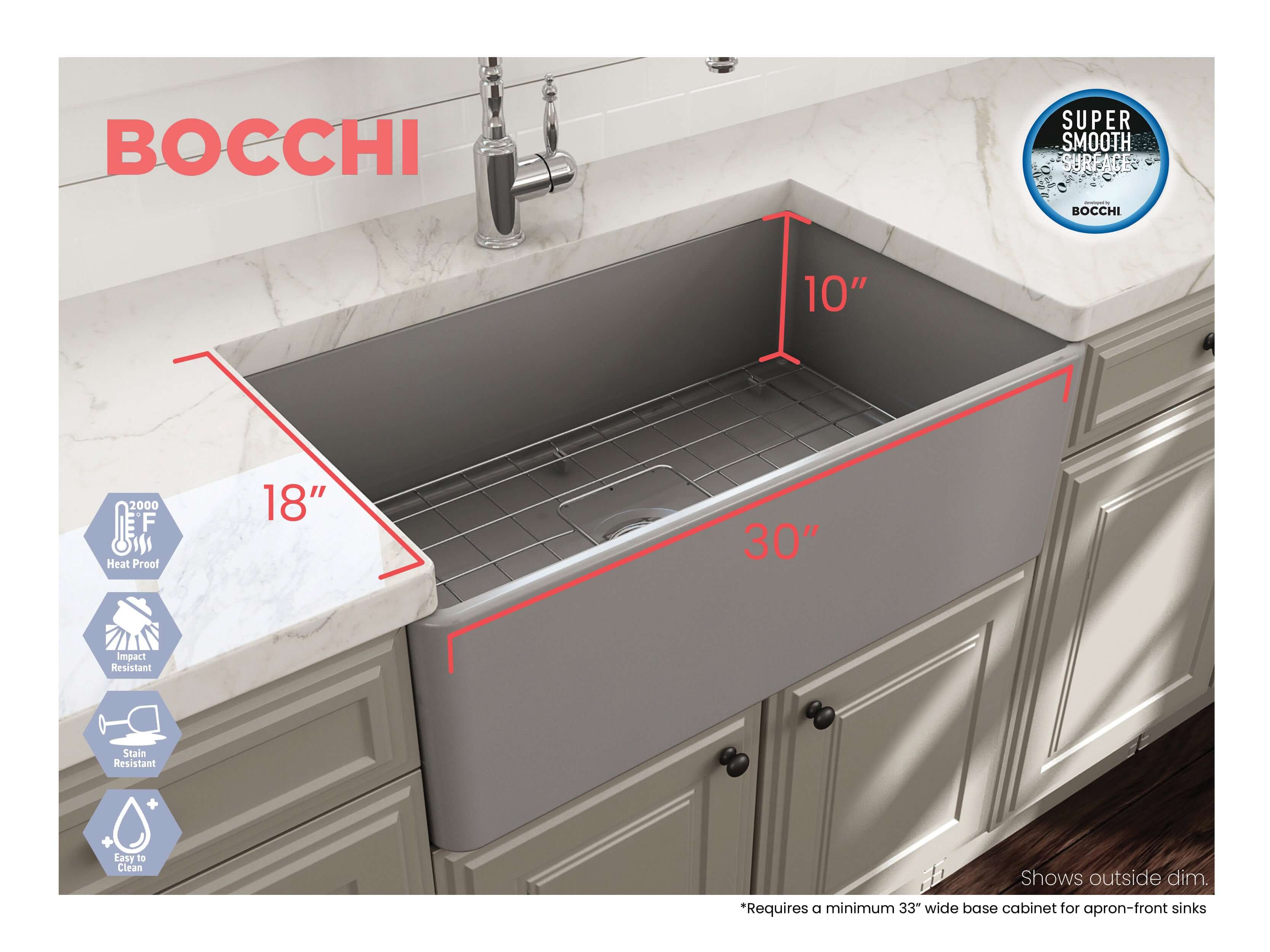 Alternate Image for BOCCHI Classico 30" Fireclay Farmhouse Apron Single Bowl Kitchen Sink, Matte Gray, 1138-006-0120
