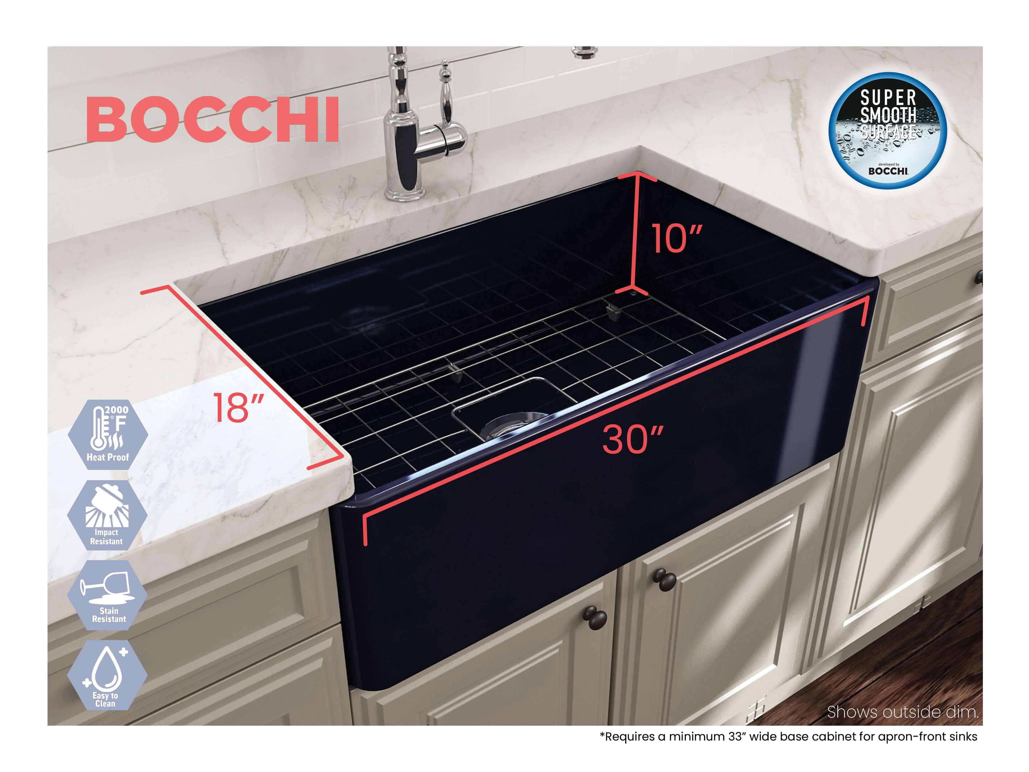 Alternate Image for BOCCHI Classico 30" Fireclay Farmhouse Apron Single Bowl Kitchen Sink, Sapphire Blue, 1138-010-0120