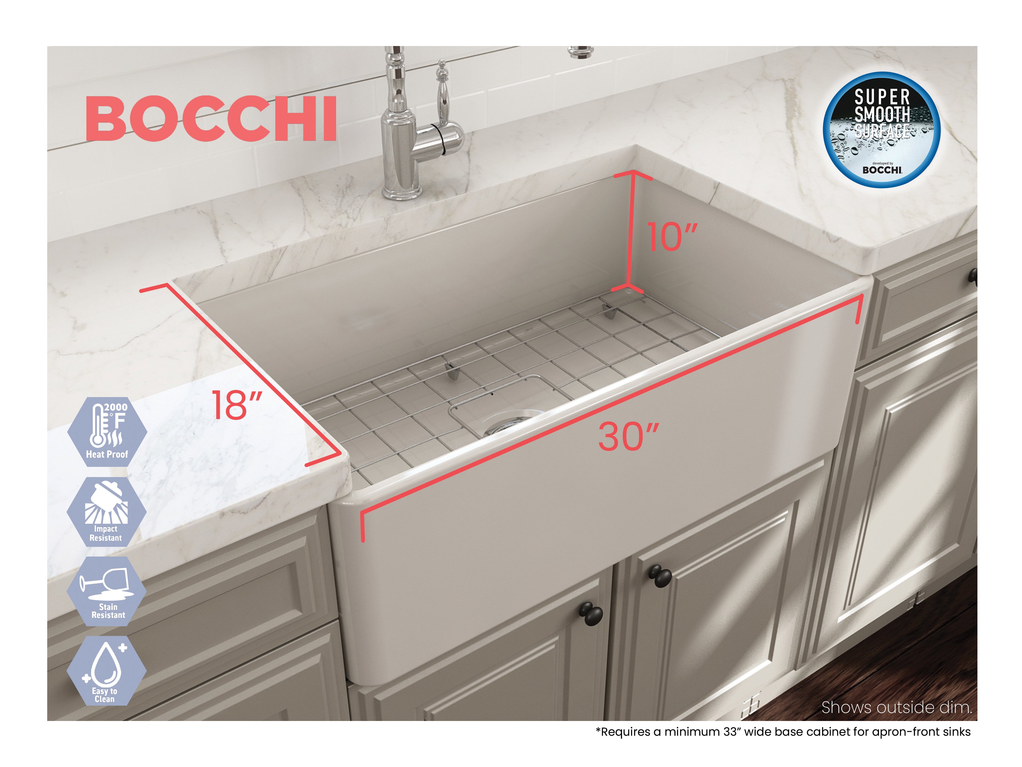 Alternate Image for BOCCHI Classico 30" Fireclay Farmhouse Apron Single Bowl Kitchen Sink, Biscuit, 1138-014-0120