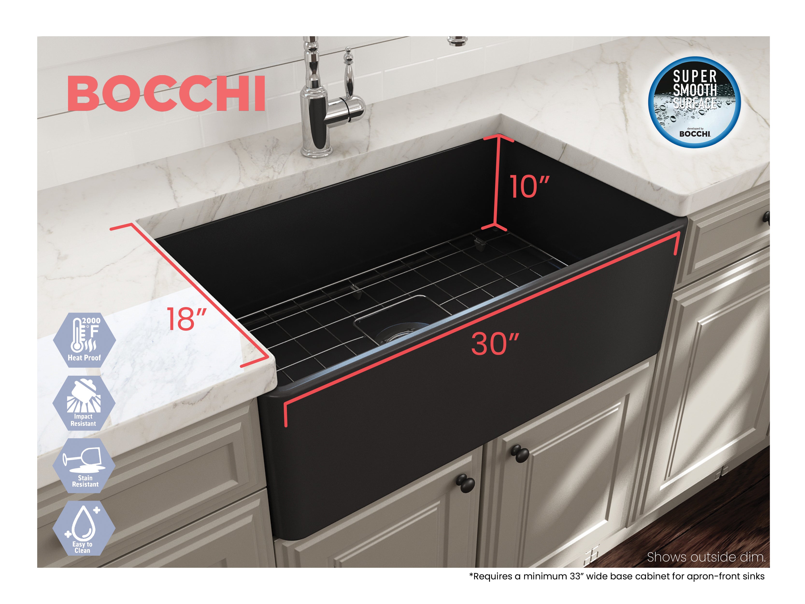 Alternate Image for BOCCHI Classico 30" Fireclay Farmhouse Apron Single Bowl Kitchen Sink, Matte Dark Gray, 1138-020-0120