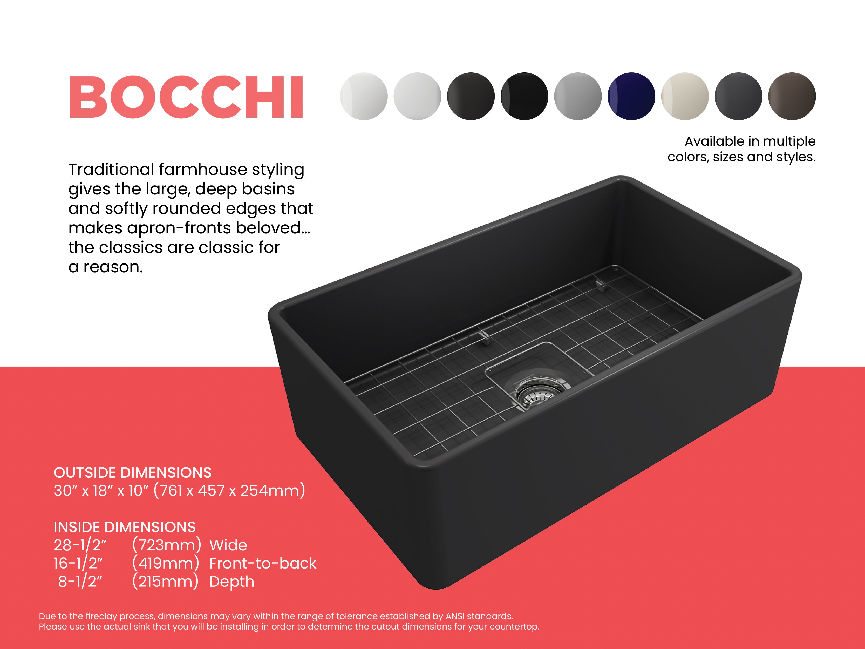 Alternate Image for BOCCHI Classico 30" Fireclay Farmhouse Apron Single Bowl Kitchen Sink, Matte Dark Gray, 1138-020-0120