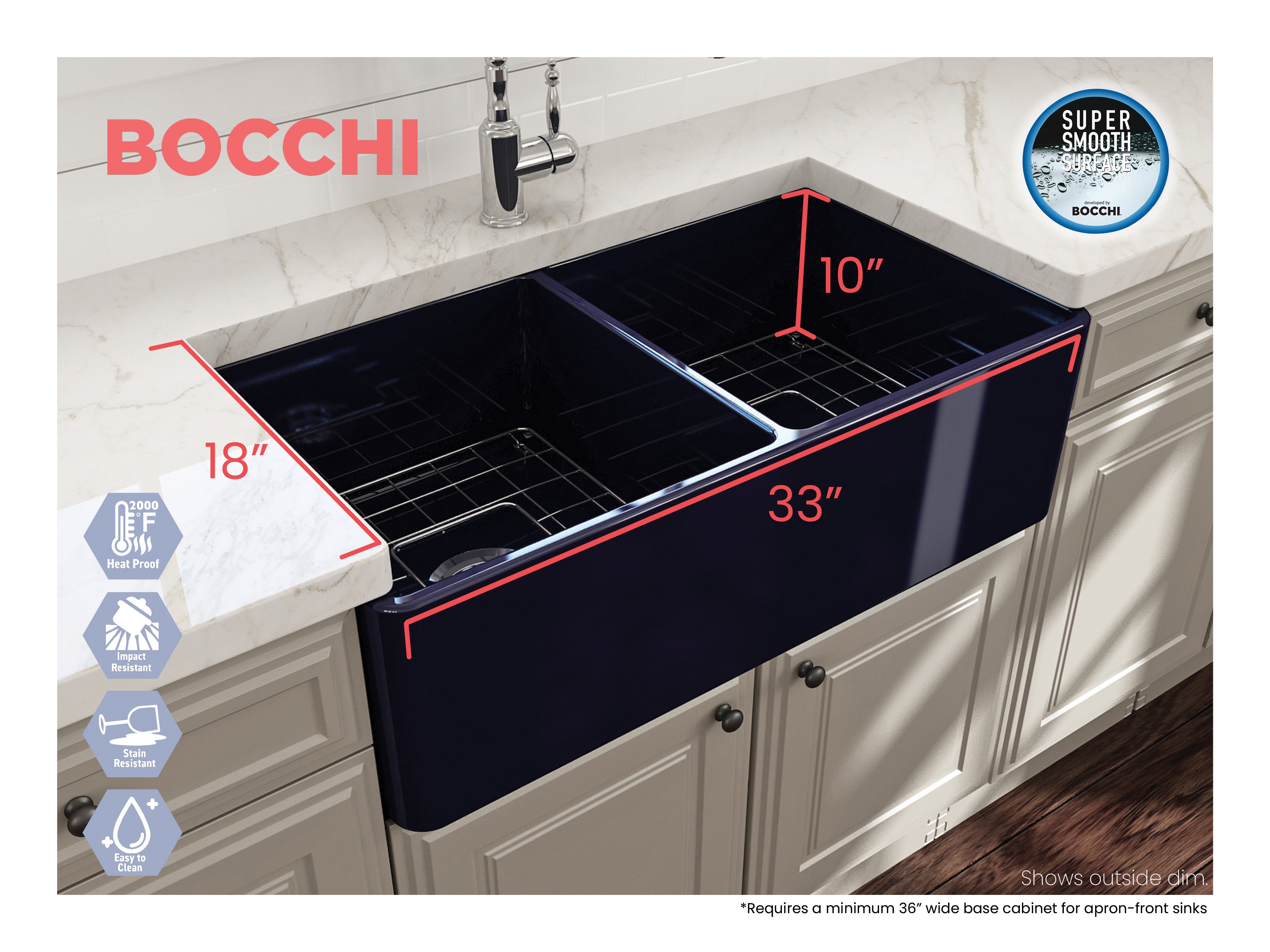 BOCCHI Classico 33" Fireclay Farmhouse Apron 50/50 Double Bowl Kitchen Sink, Sapphire Blue, 1139-010-0120