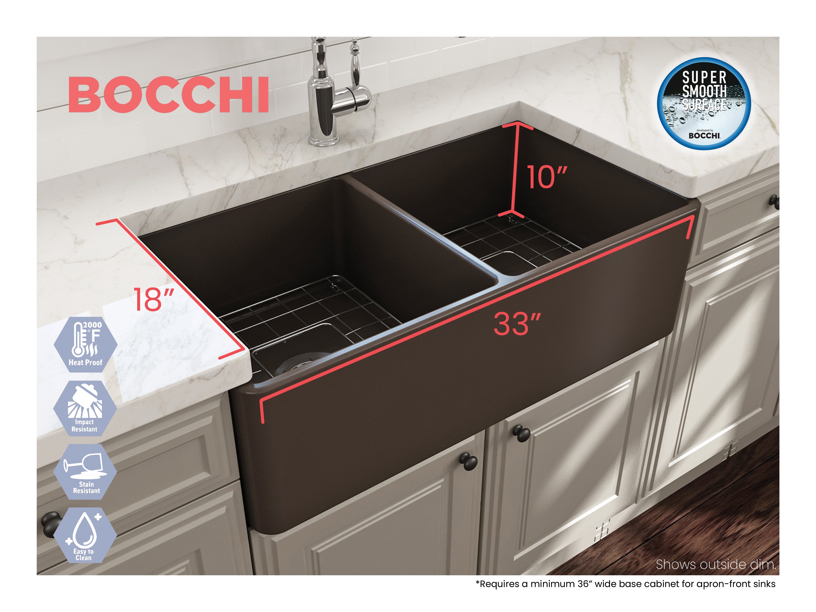 Alternate Image for BOCCHI Classico 33" Fireclay Farmhouse Apron 50/50 Double Bowl Kitchen Sink, Matte Brown, 1139-025-0120