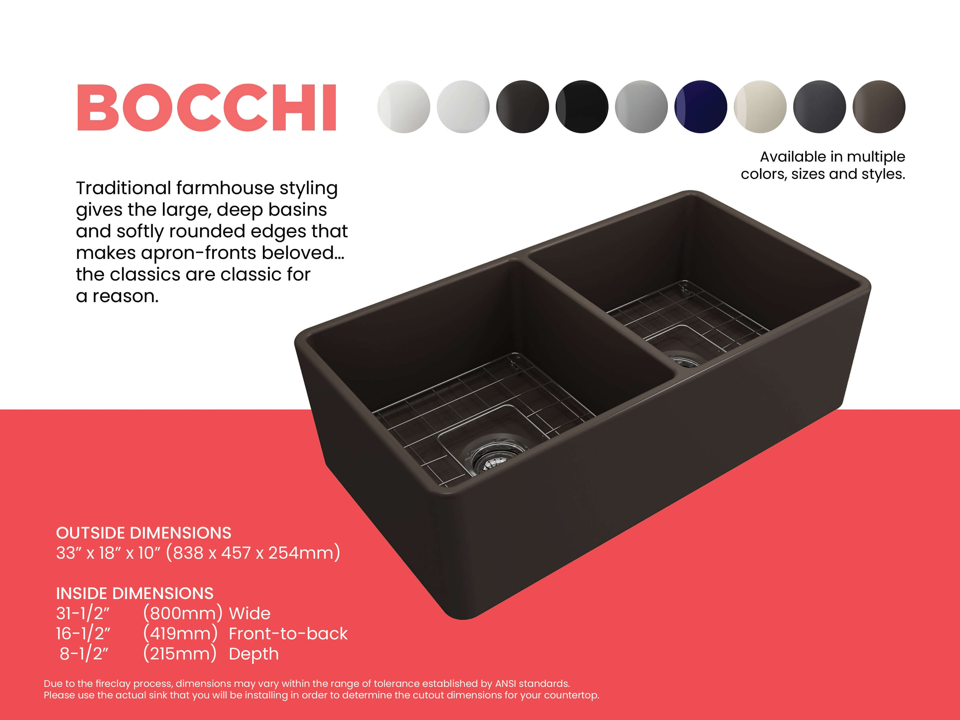 Alternate Image for BOCCHI Classico 33" Fireclay Farmhouse Apron 50/50 Double Bowl Kitchen Sink, Matte Brown, 1139-025-0120