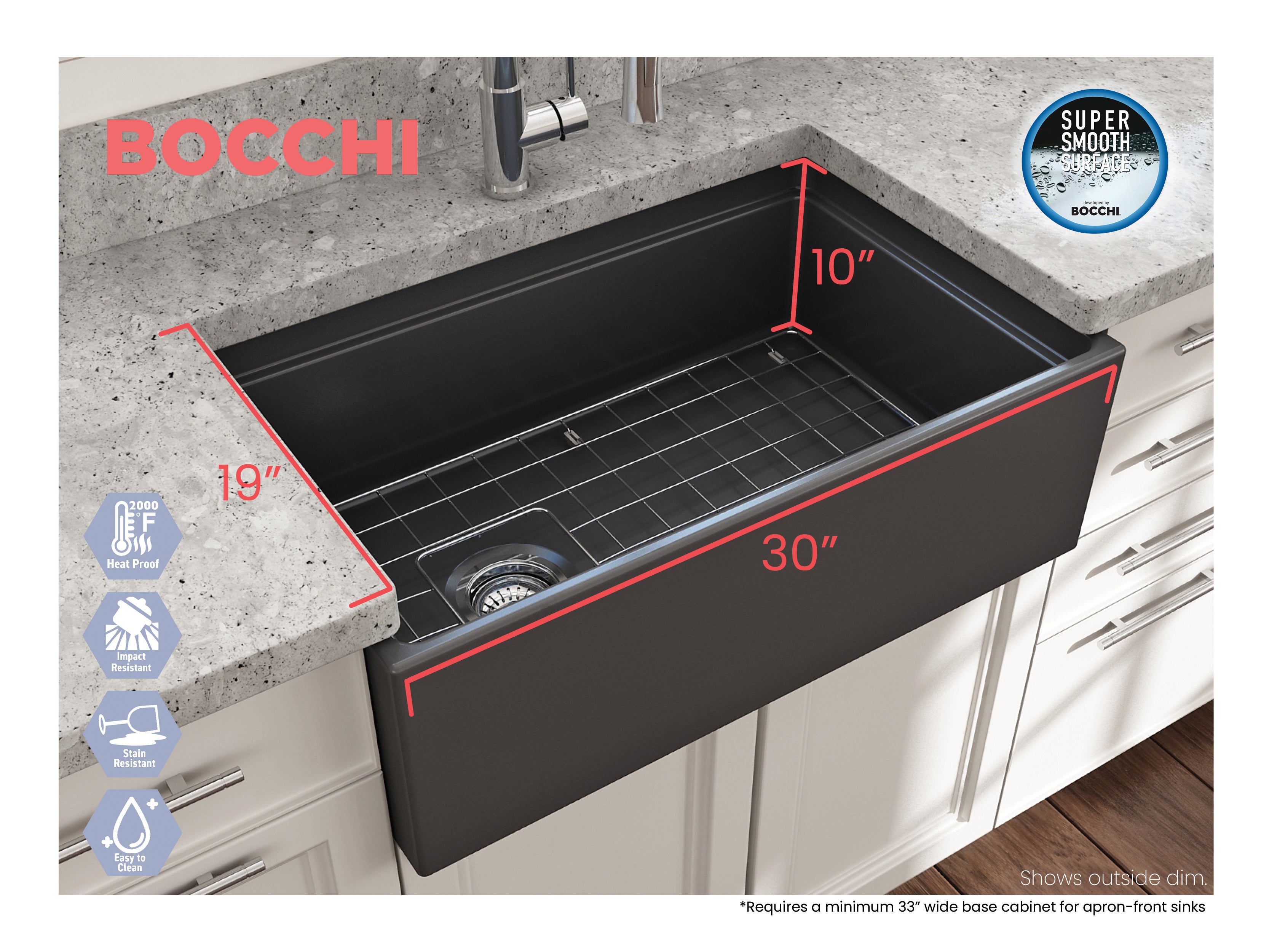 BOCCHI Contempo 30" Fireclay Workstation Farmhouse Sink with Accessories, Matte Dark Gray, 1344-020-0120