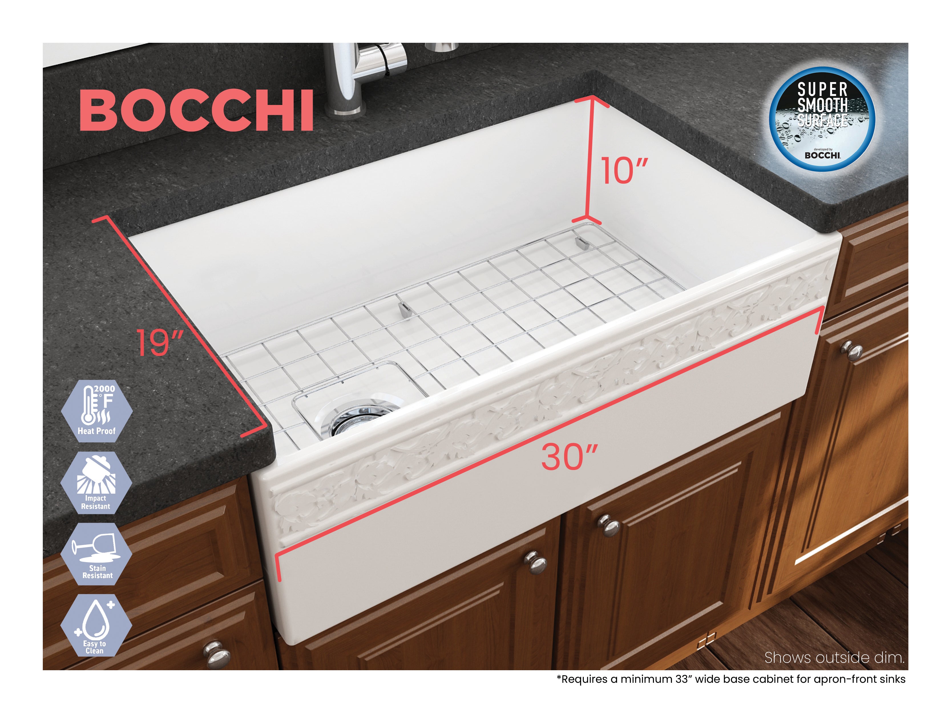 BOCCHI Vigneto 30" Fireclay Farmhouse Apron Single Bowl Kitchen Sink, White, 1347-001-0120