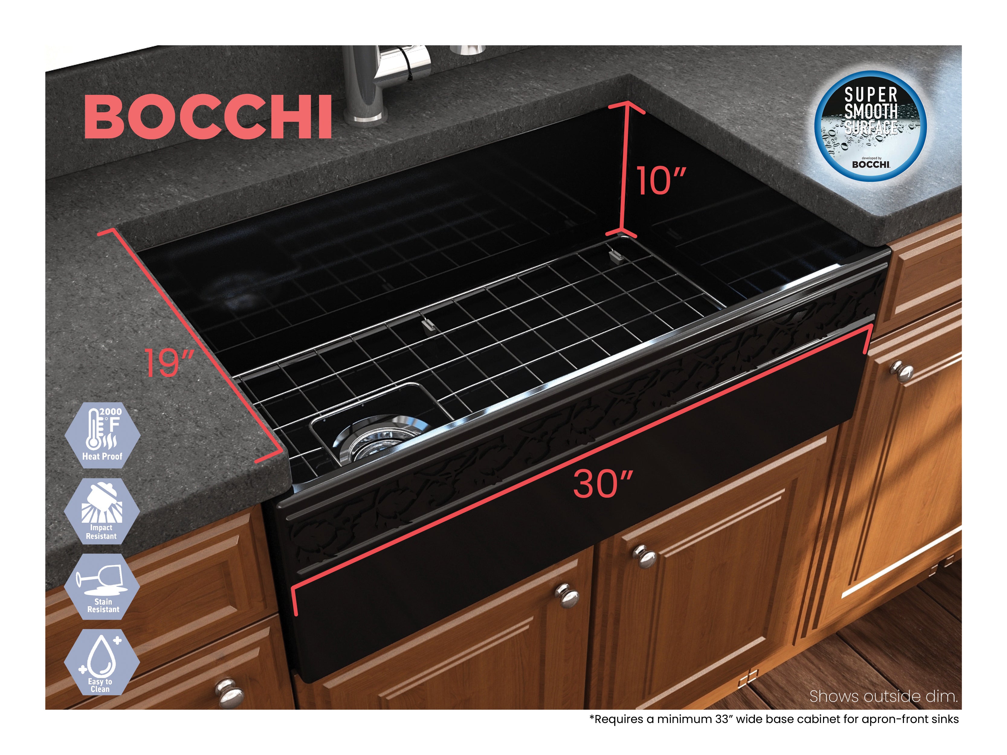 BOCCHI Vigneto 30" Fireclay Farmhouse Apron Single Bowl Kitchen Sink, Black, 1347-005-0120