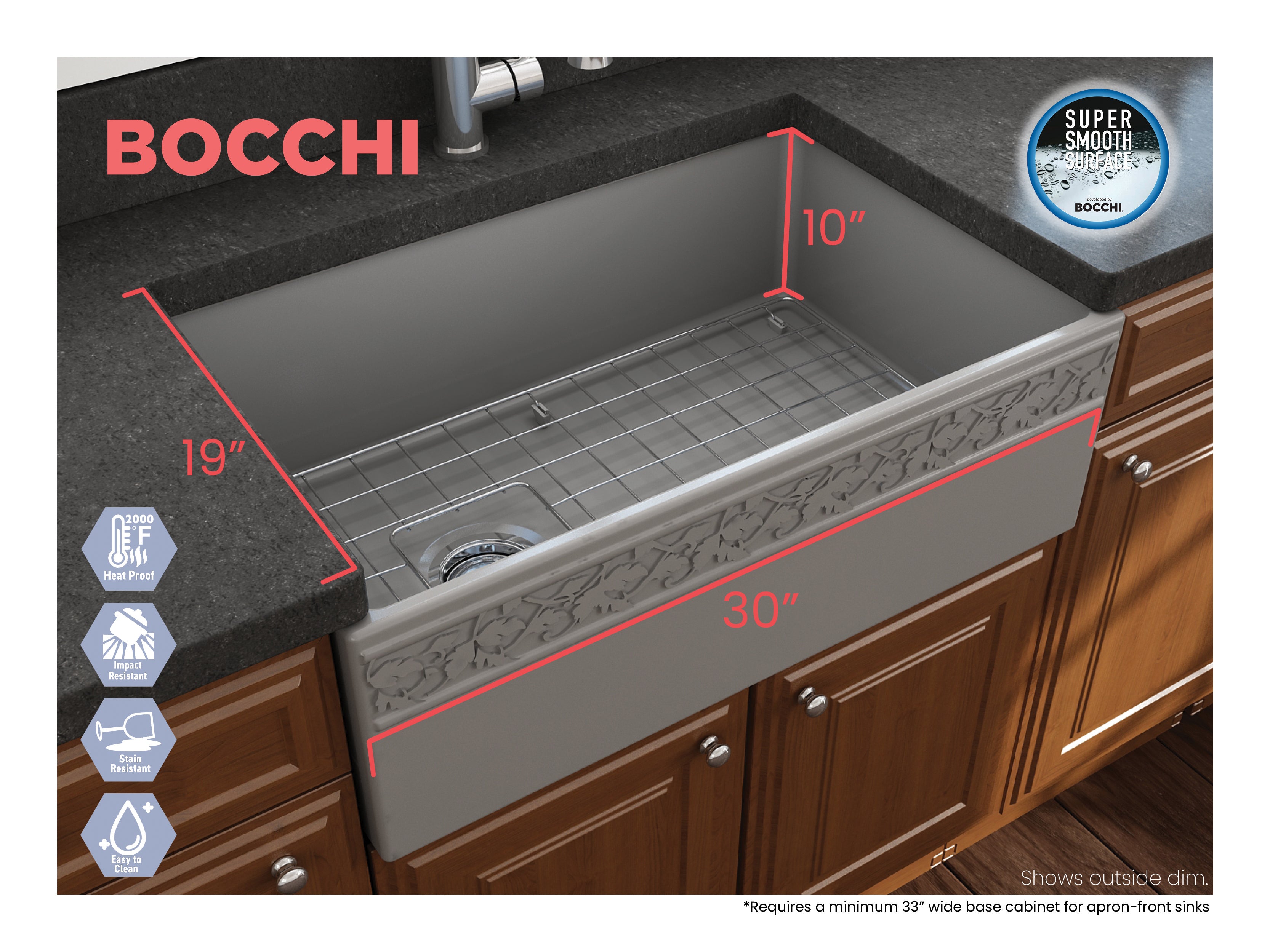 BOCCHI Vigneto 30" Fireclay Farmhouse Apron Single Bowl Kitchen Sink, Matte Gray, 1347-006-0120