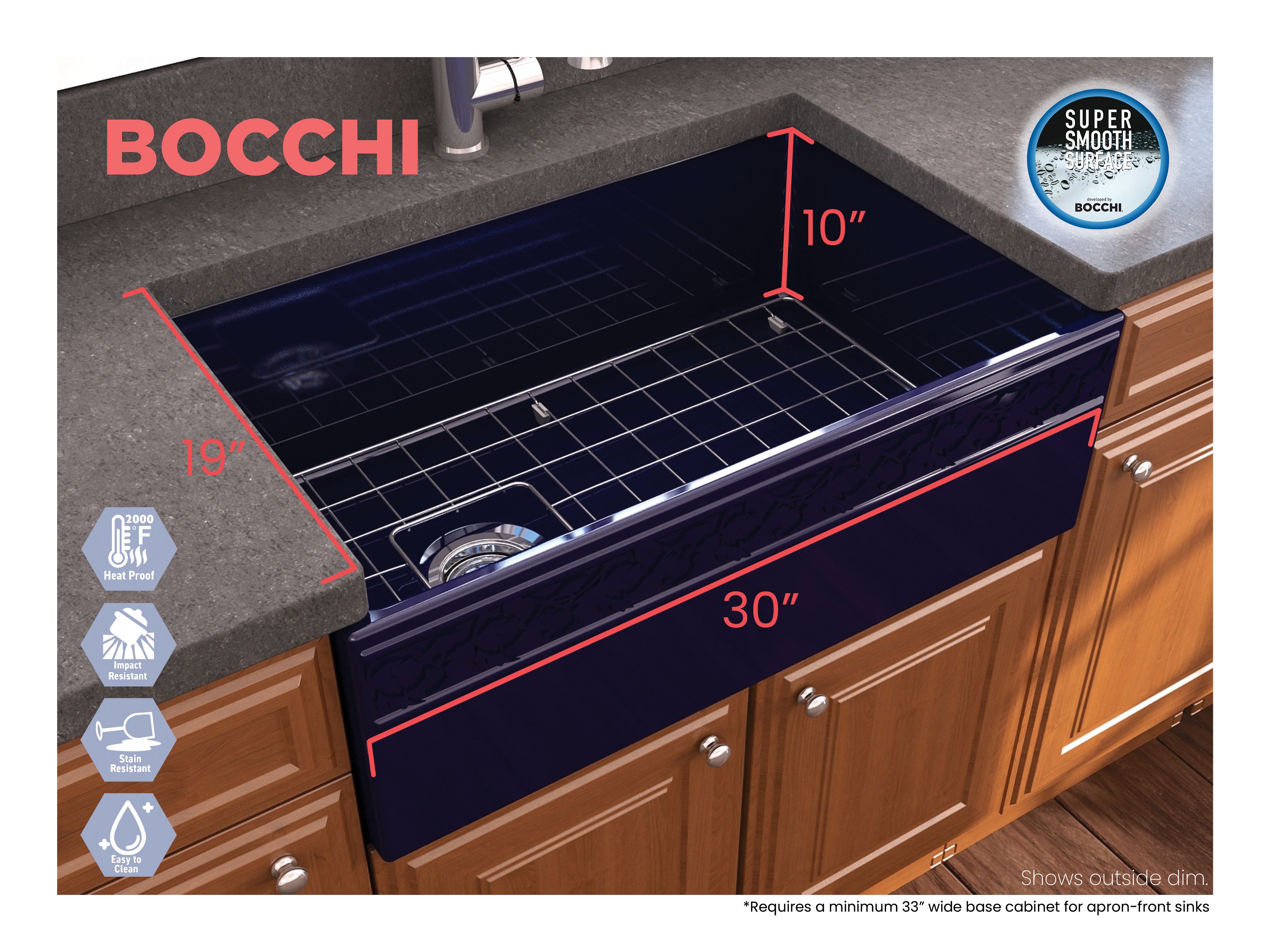 Alternate Image for BOCCHI Vigneto 30" Fireclay Farmhouse Apron Single Bowl Kitchen Sink, Sapphire Blue, 1347-010-0120