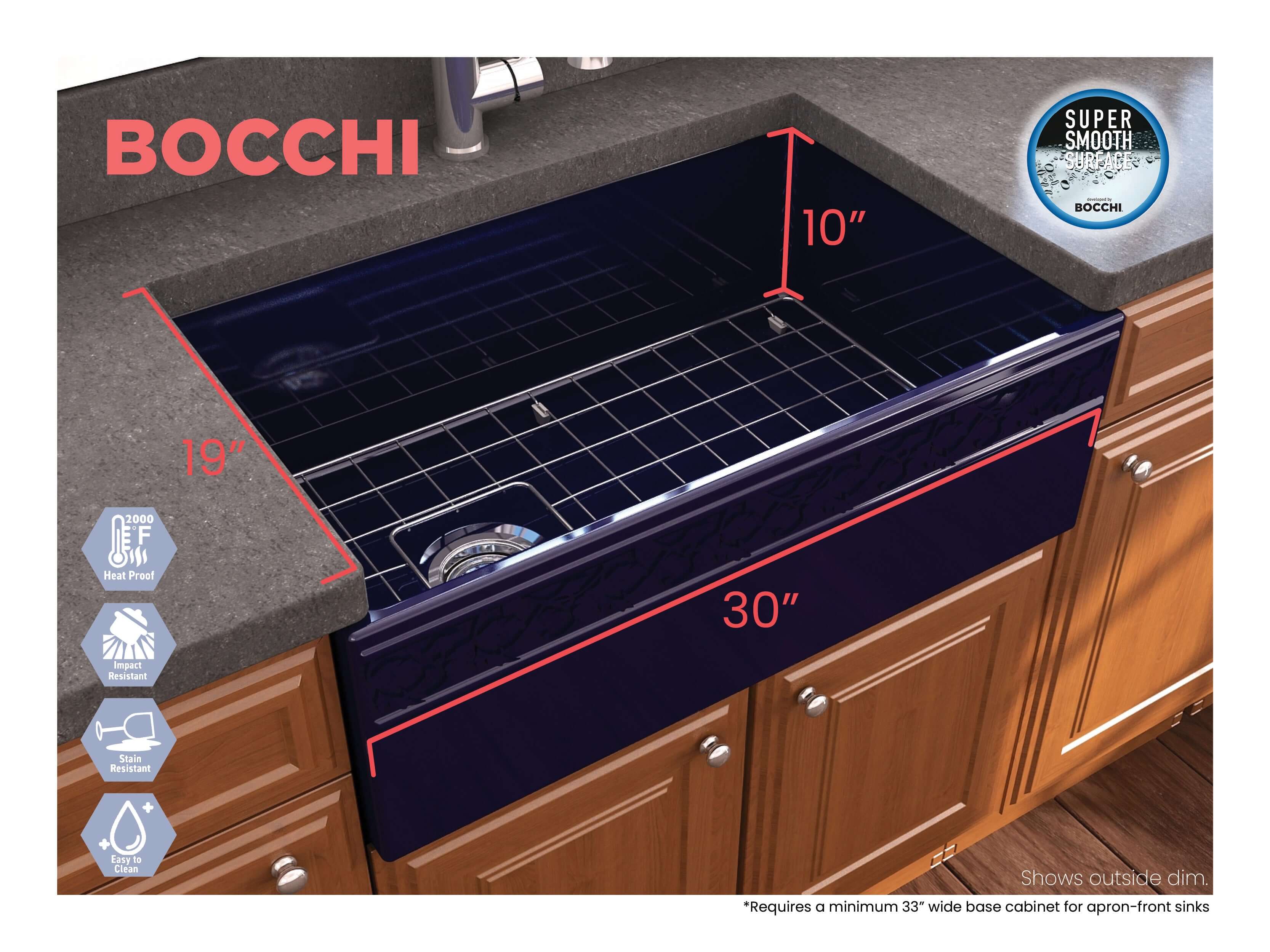 Alternate Image for BOCCHI Vigneto 30" Fireclay Farmhouse Apron Single Bowl Kitchen Sink, Sapphire Blue, 1347-010-0120