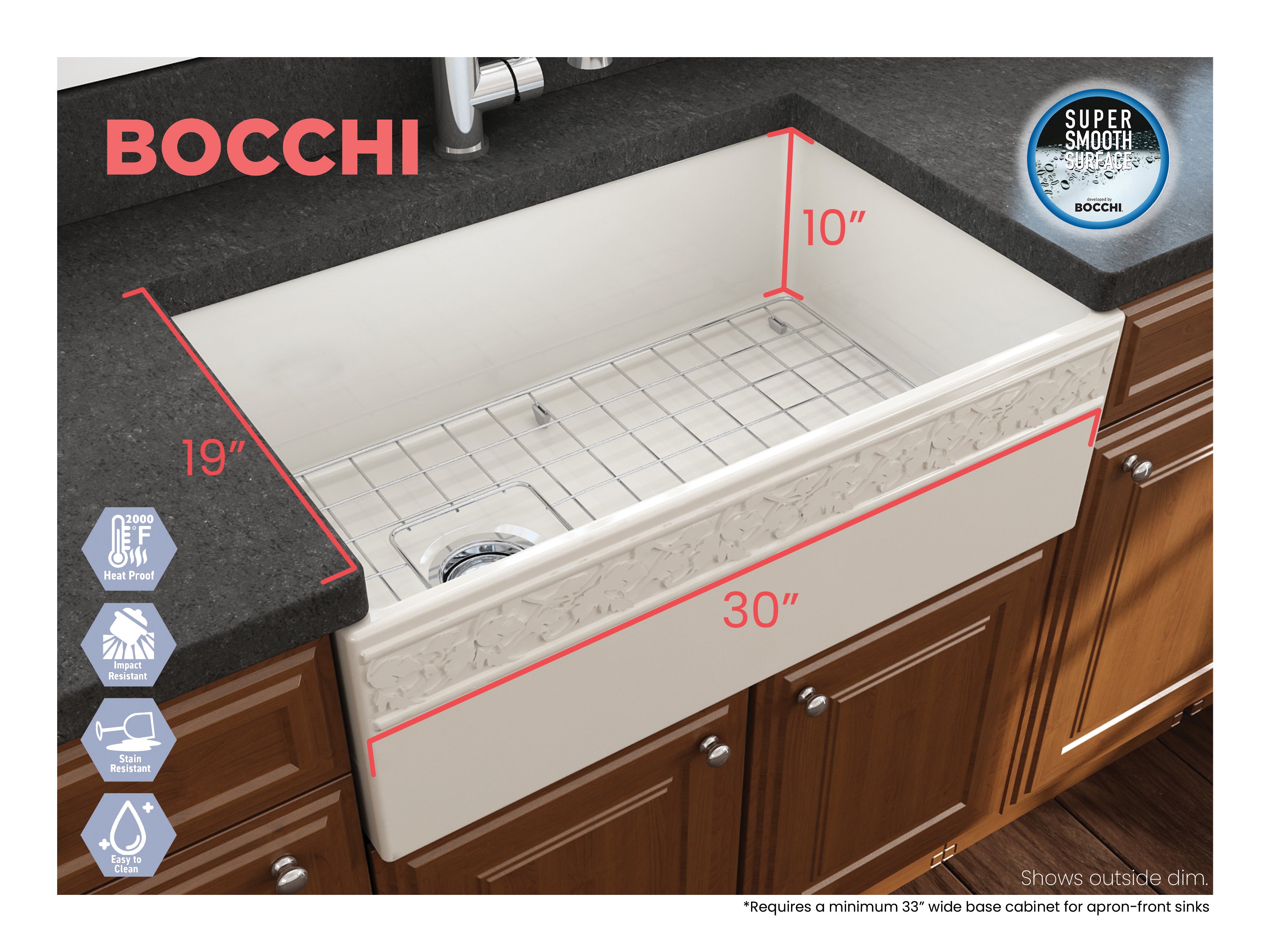Alternate Image for BOCCHI Vigneto 30" Fireclay Farmhouse Apron Single Bowl Kitchen Sink, Biscuit, 1347-014-0120