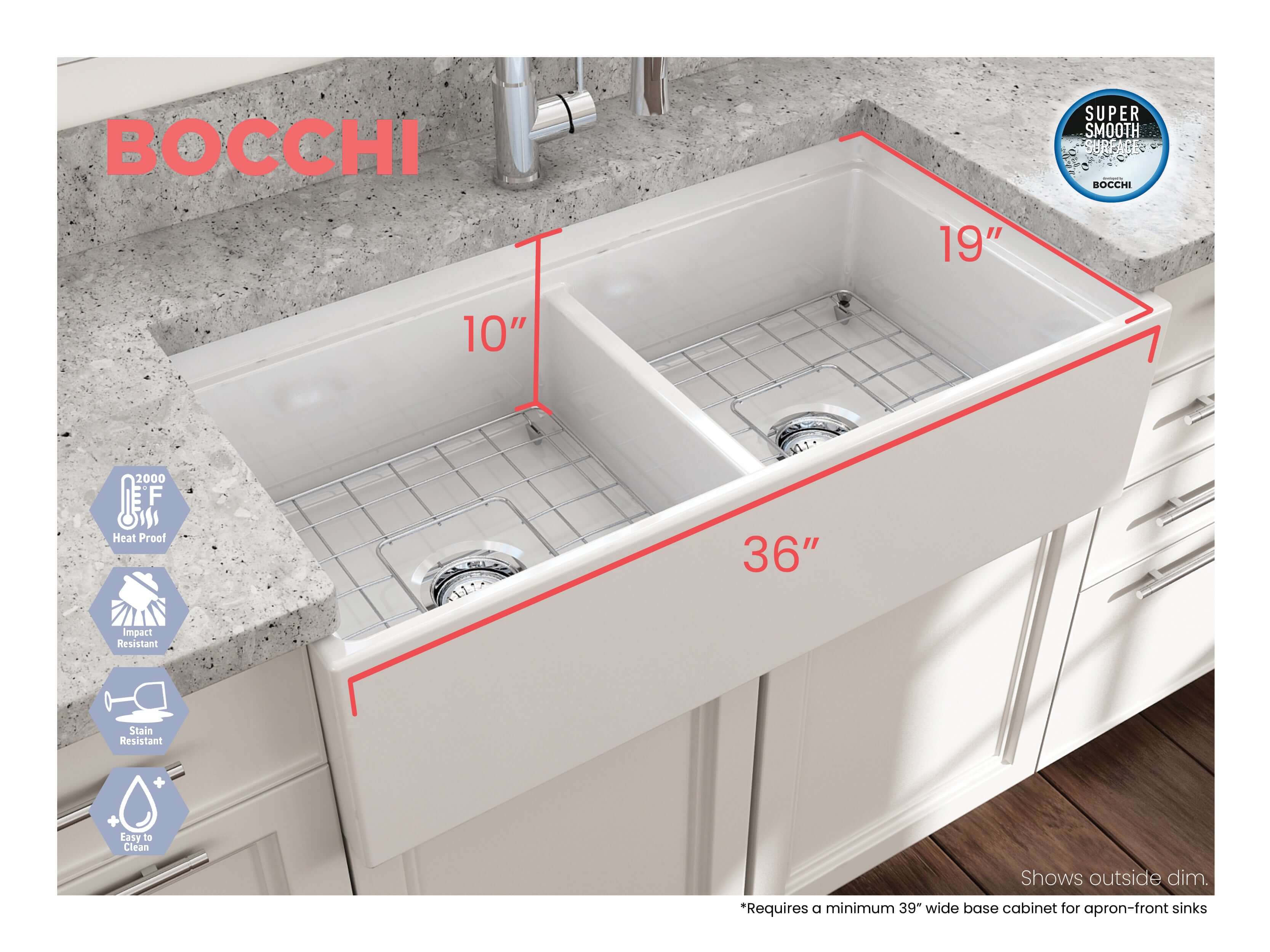Alternate Image for BOCCHI Contempo 36" Fireclay Workstation Farmhouse Sink with Accessories, 50/50 Double Bowl, Matte White, 1348-002-0120