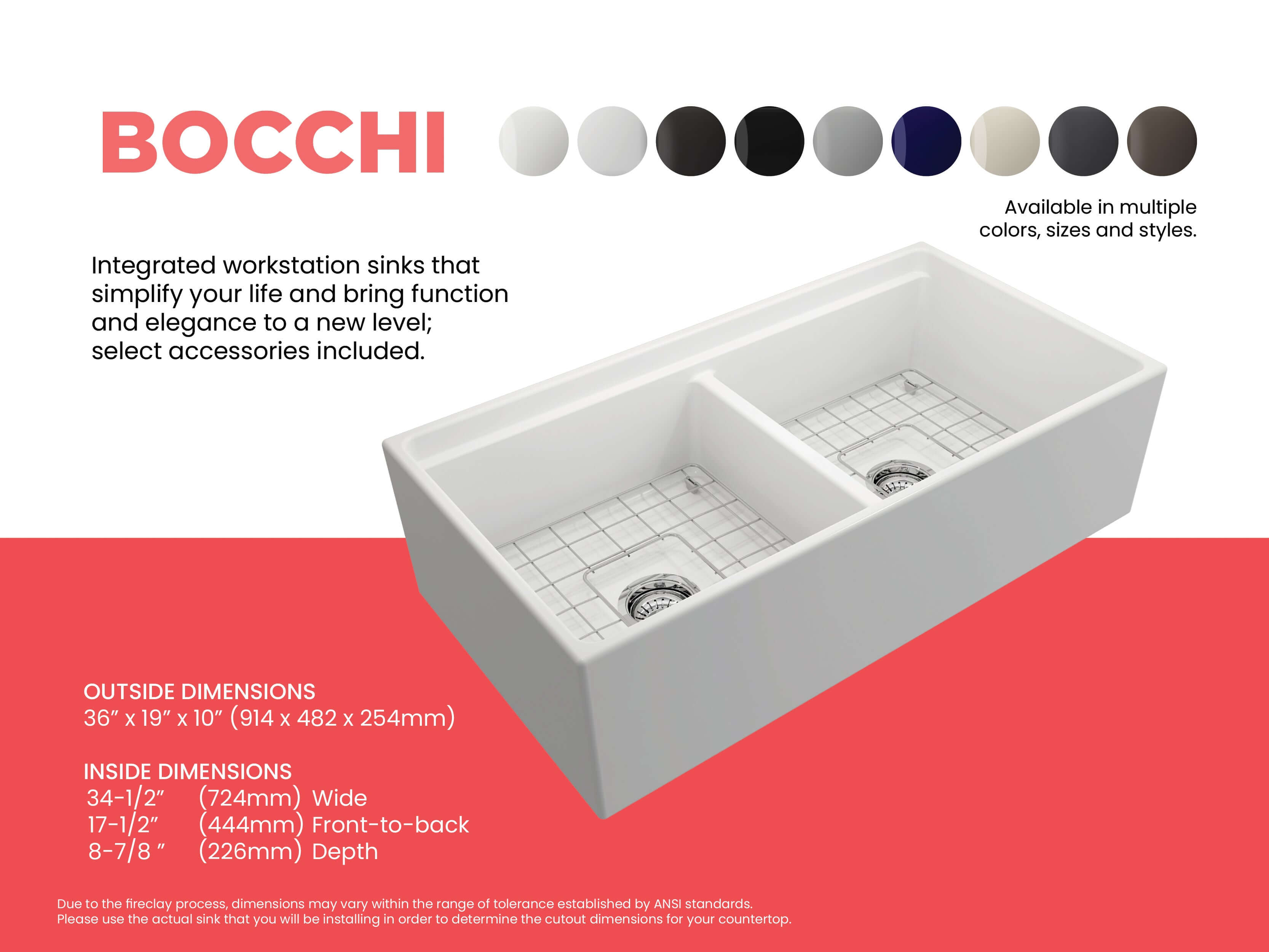 Alternate Image for BOCCHI Contempo 36" Fireclay Workstation Farmhouse Sink with Accessories, 50/50 Double Bowl, Matte White, 1348-002-0120