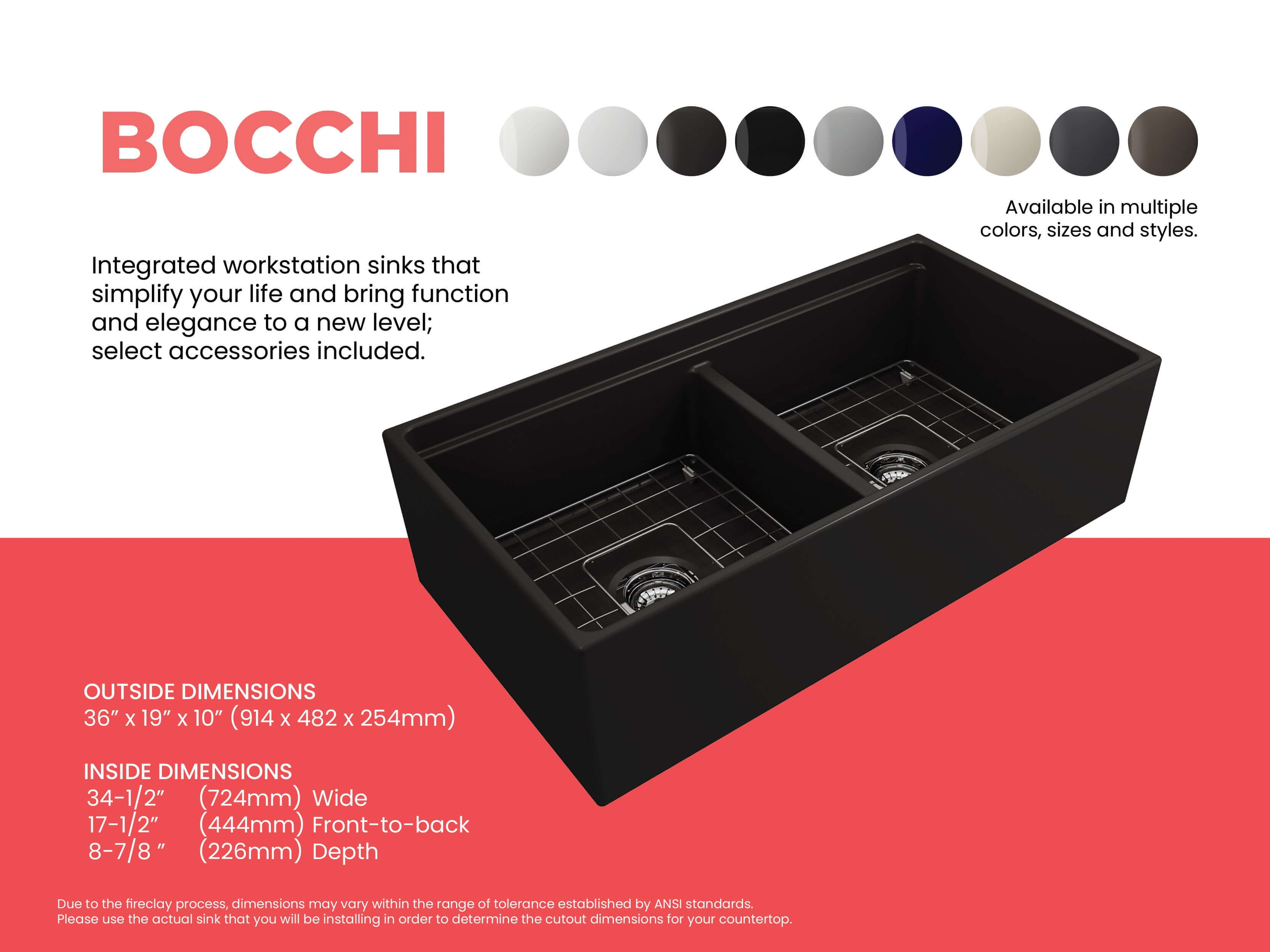 Alternate Image for BOCCHI Contempo 36" Fireclay Workstation Farmhouse Sink with Accessories, 50/50 Double Bowl, Matte Black, 1348-004-0120