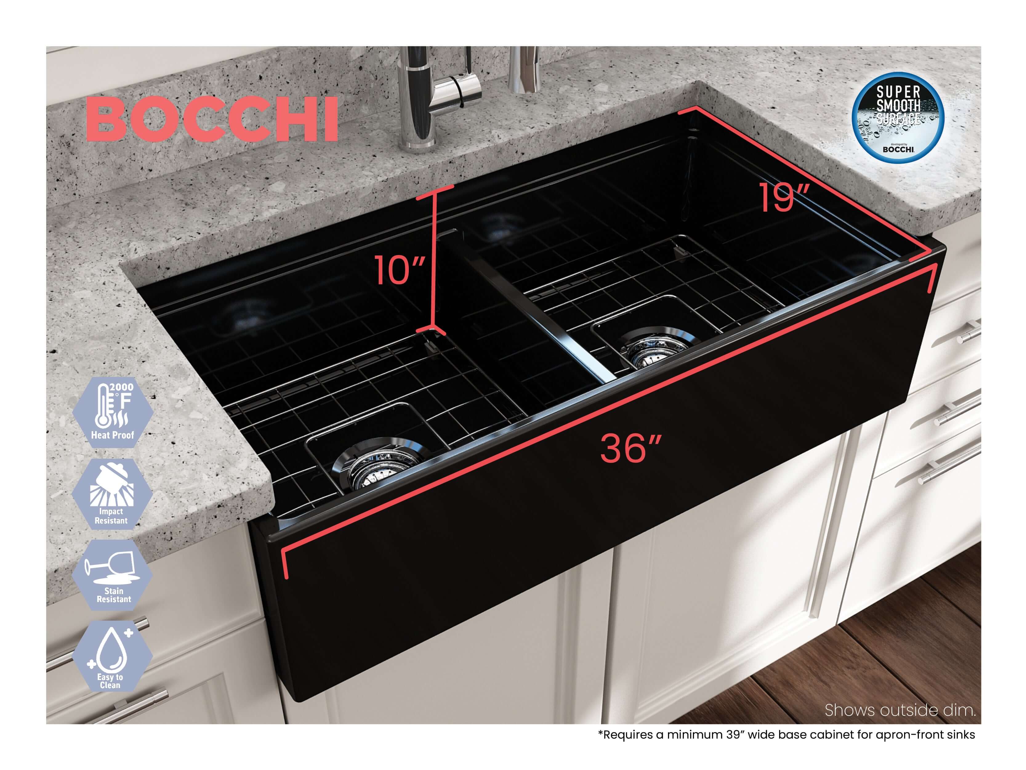 Alternate Image for BOCCHI Contempo 36" Fireclay Workstation Farmhouse Sink with Accessories, 50/50 Double Bowl, Black, 1348-005-0120