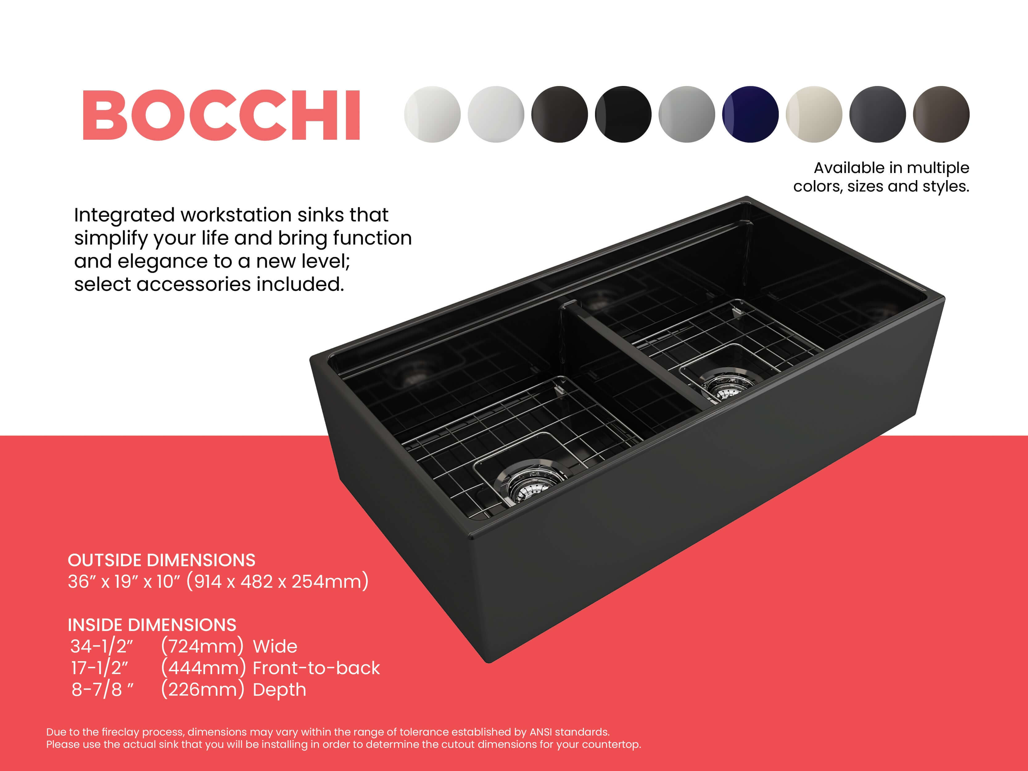 Alternate Image for BOCCHI Contempo 36" Fireclay Workstation Farmhouse Sink with Accessories, 50/50 Double Bowl, Black, 1348-005-0120