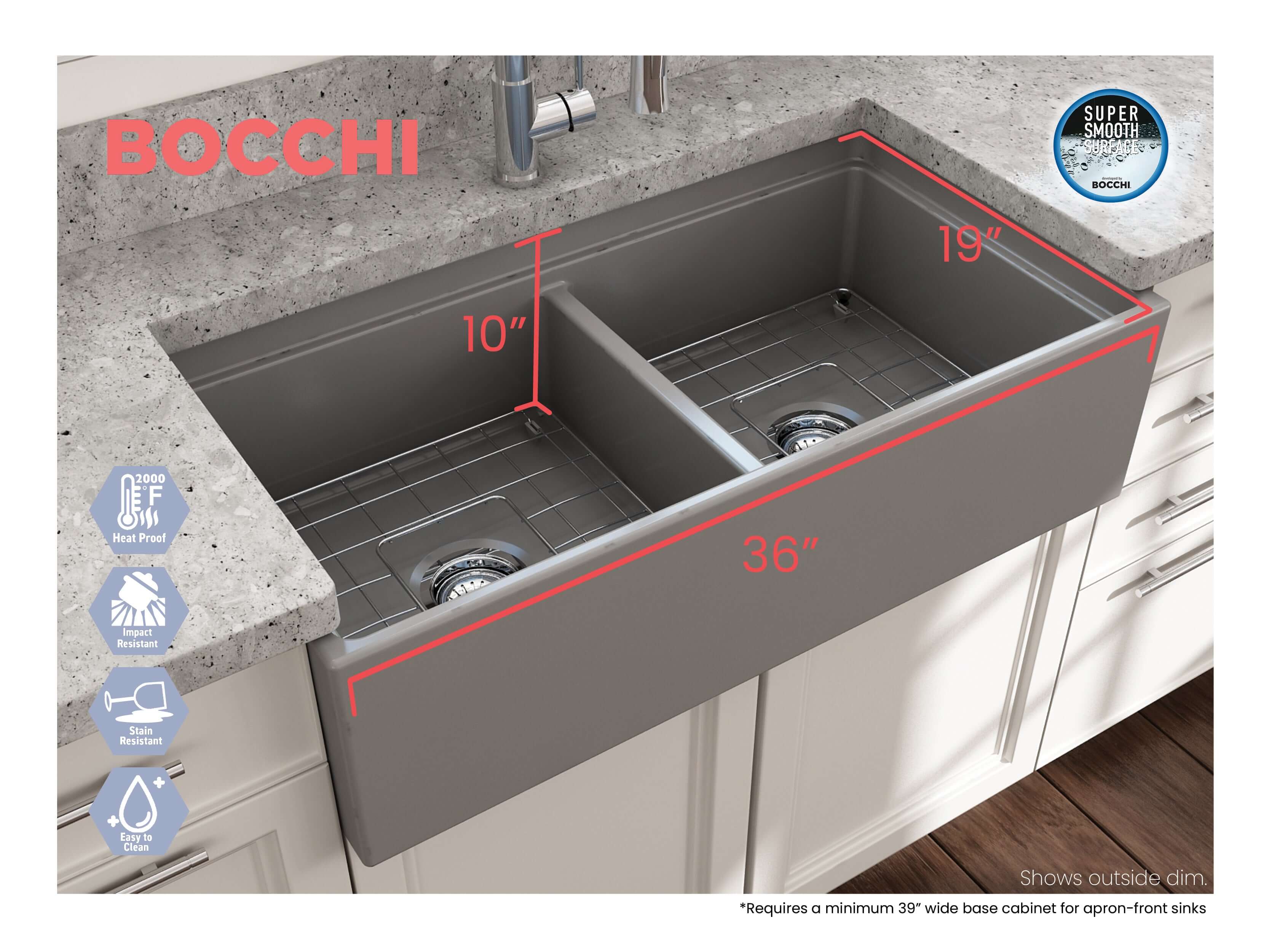 Alternate Image for BOCCHI Contempo 36" Fireclay Workstation Farmhouse Sink with Accessories, 50/50 Double Bowl, Matte Gray, 1348-006-0120