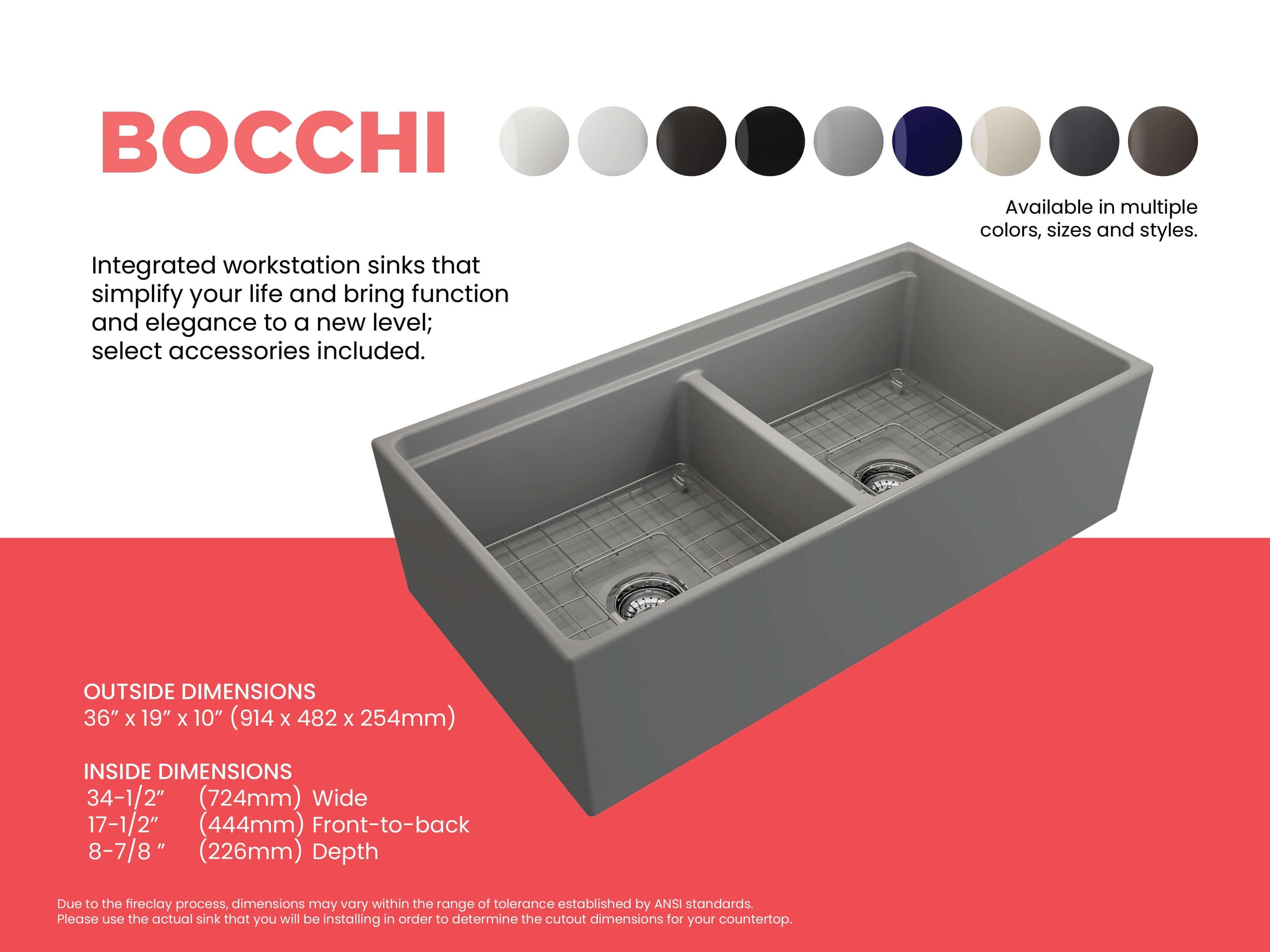 Alternate Image for BOCCHI Contempo 36" Fireclay Workstation Farmhouse Sink with Accessories, 50/50 Double Bowl, Matte Gray, 1348-006-0120