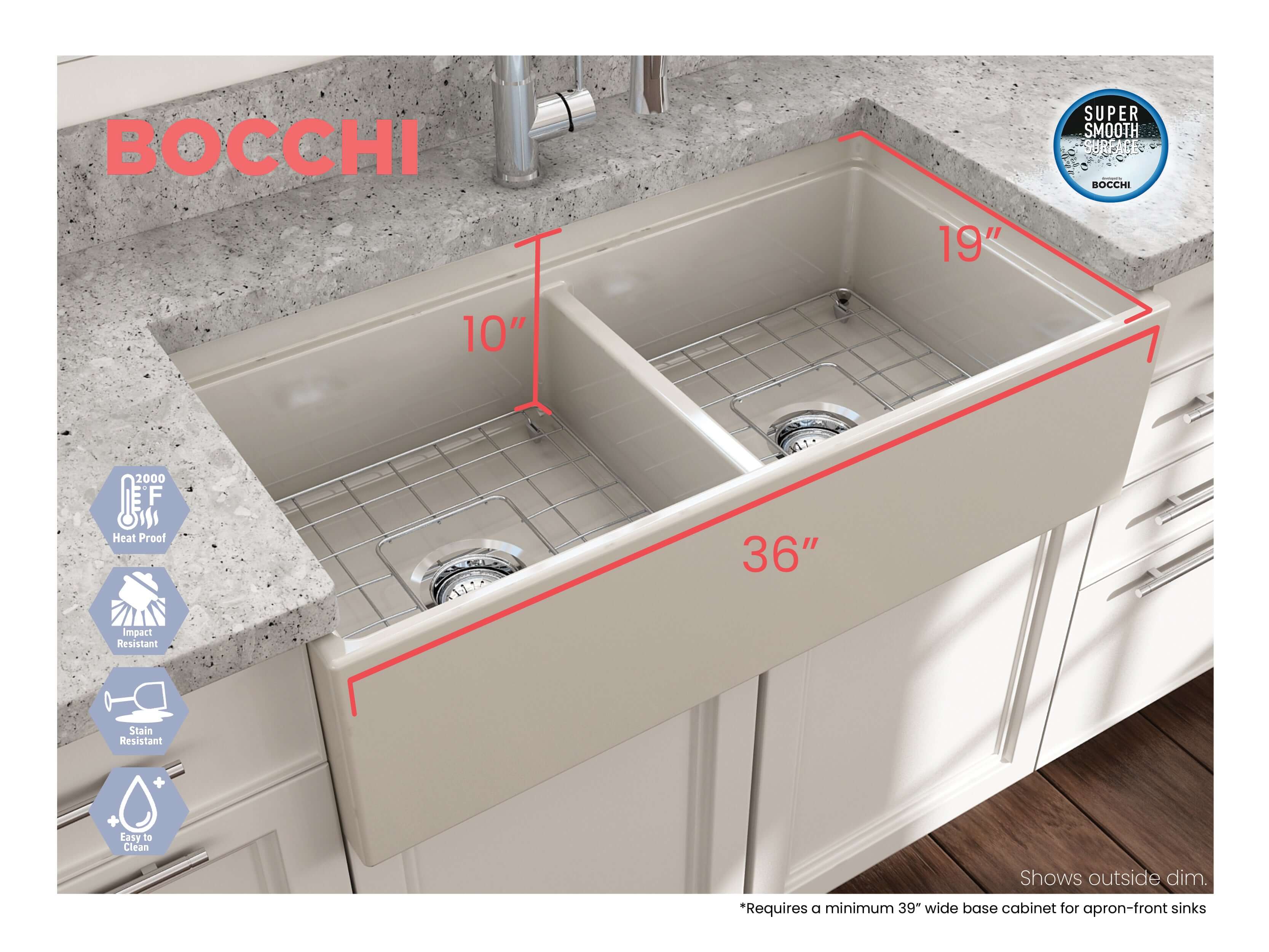 Alternate Image for BOCCHI Contempo 36" Fireclay Workstation Farmhouse Sink with Accessories, 50/50 Double Bowl, Biscuit, 1348-014-0120