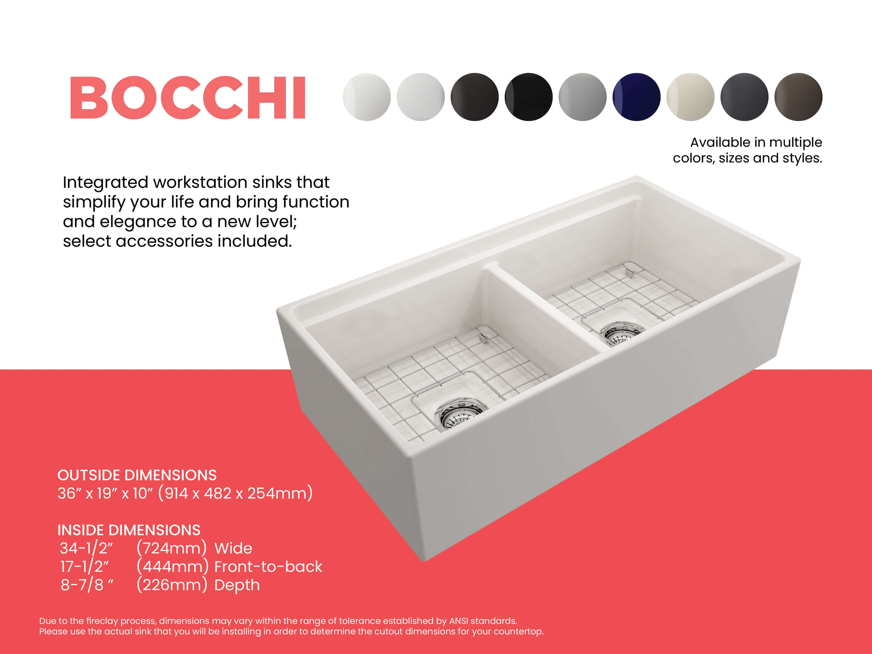 Alternate Image for BOCCHI Contempo 36" Fireclay Workstation Farmhouse Sink with Accessories, 50/50 Double Bowl, Biscuit, 1348-014-0120