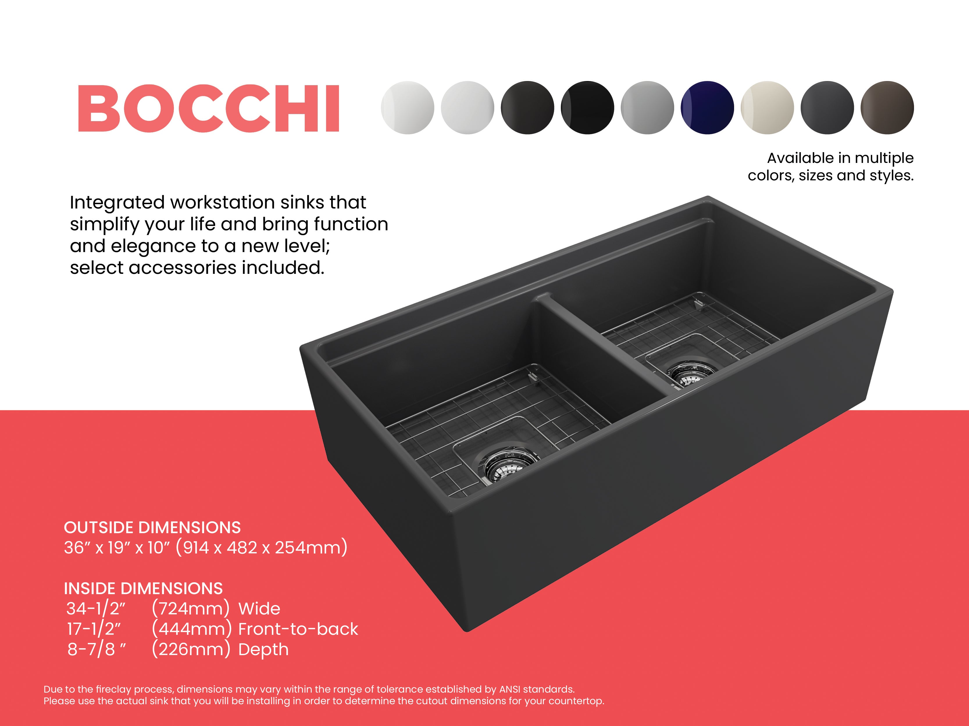 Alternate Image for BOCCHI Contempo 36" Fireclay Workstation Farmhouse Sink with Accessories, 50/50 Double Bowl, Matte Dark Gray, 1348-020-0120