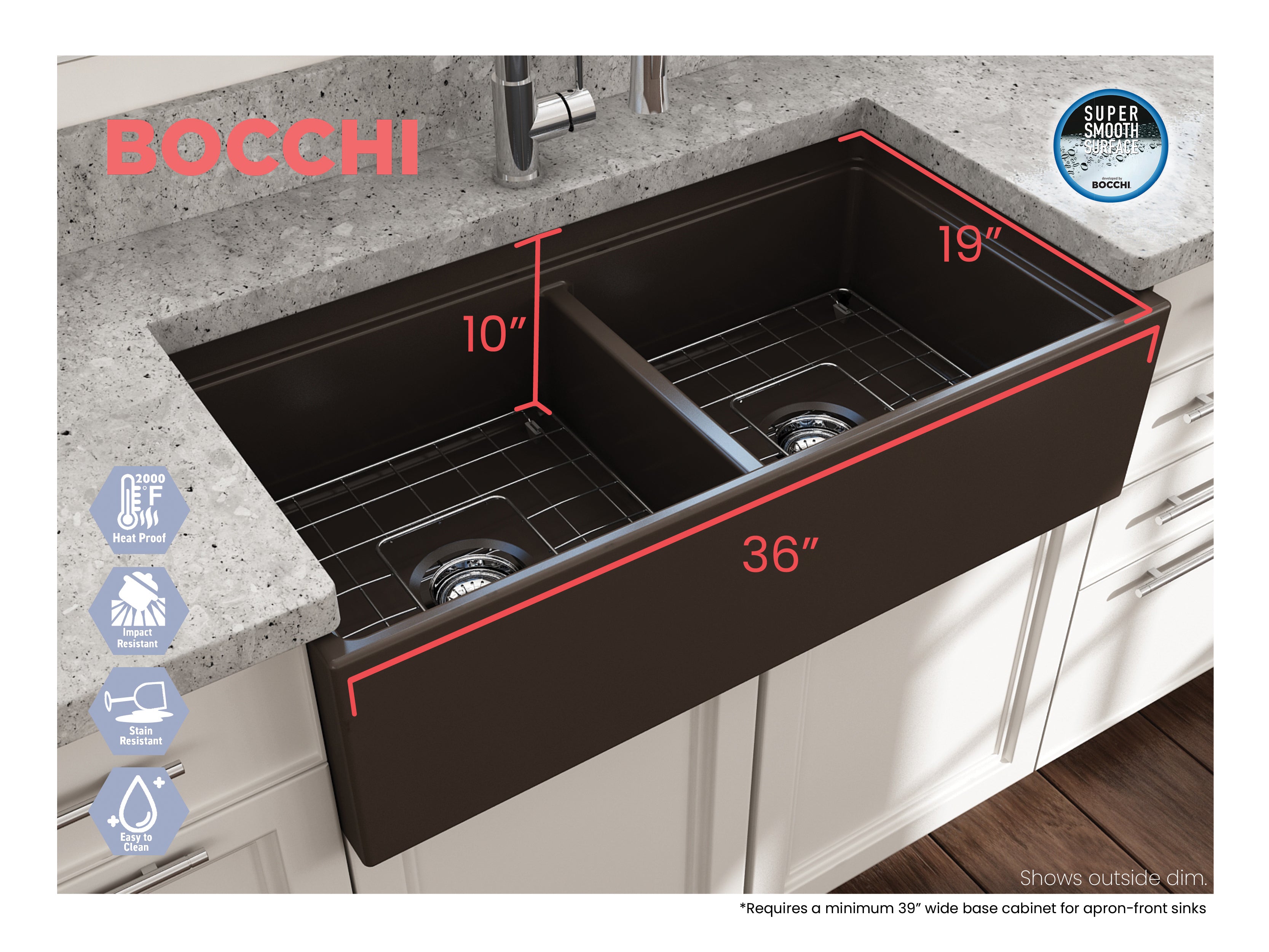 BOCCHI Contempo 36" Fireclay Workstation Farmhouse Sink with Accessories, 50/50 Double Bowl, Matte Brown, 1348-025-0120
