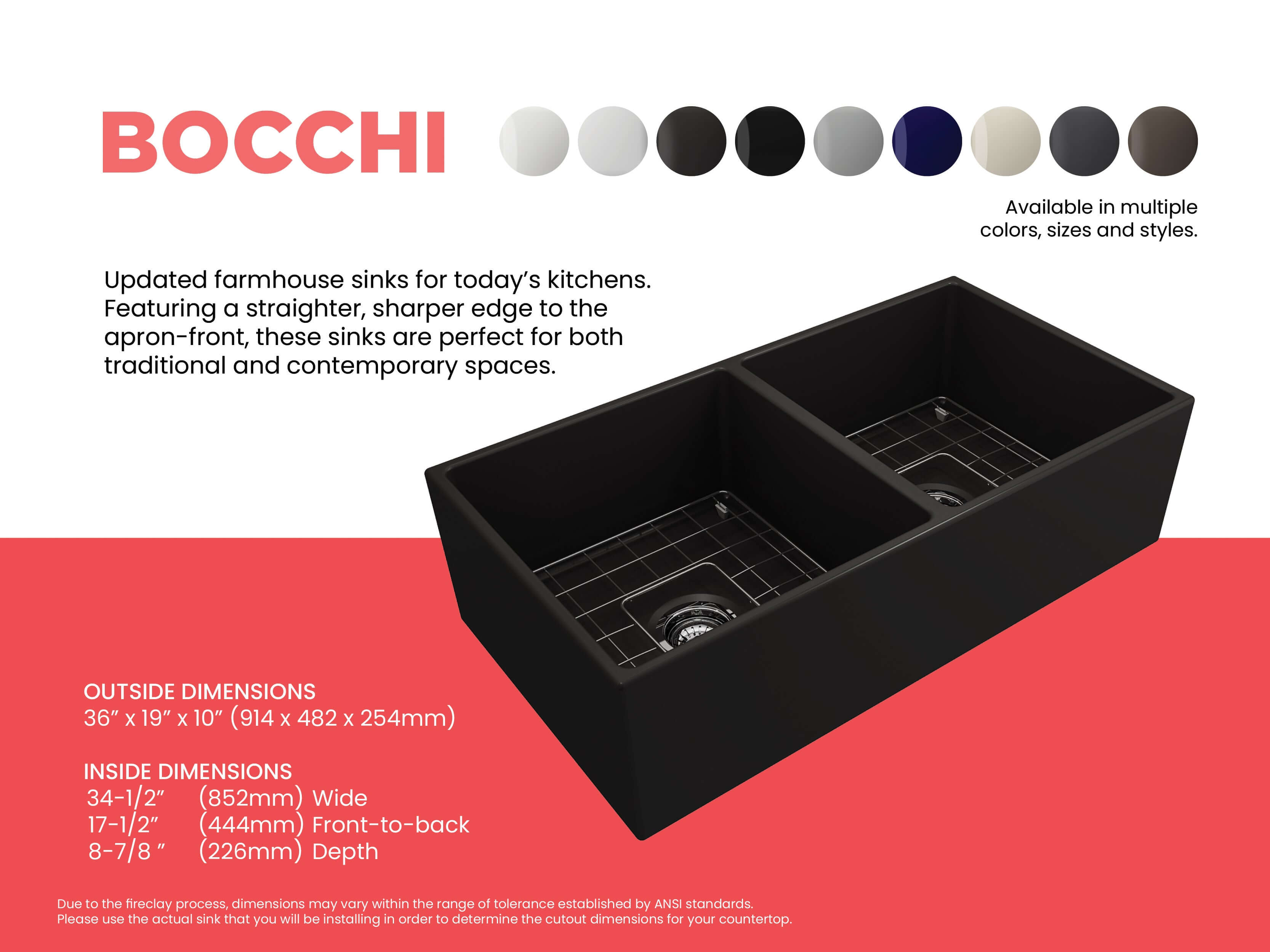 Alternate Image for BOCCHI Contempo 36" Fireclay Farmhouse Apron 50/50 Double Bowl Kitchen Sink, Matte Black, 1350-004-0120