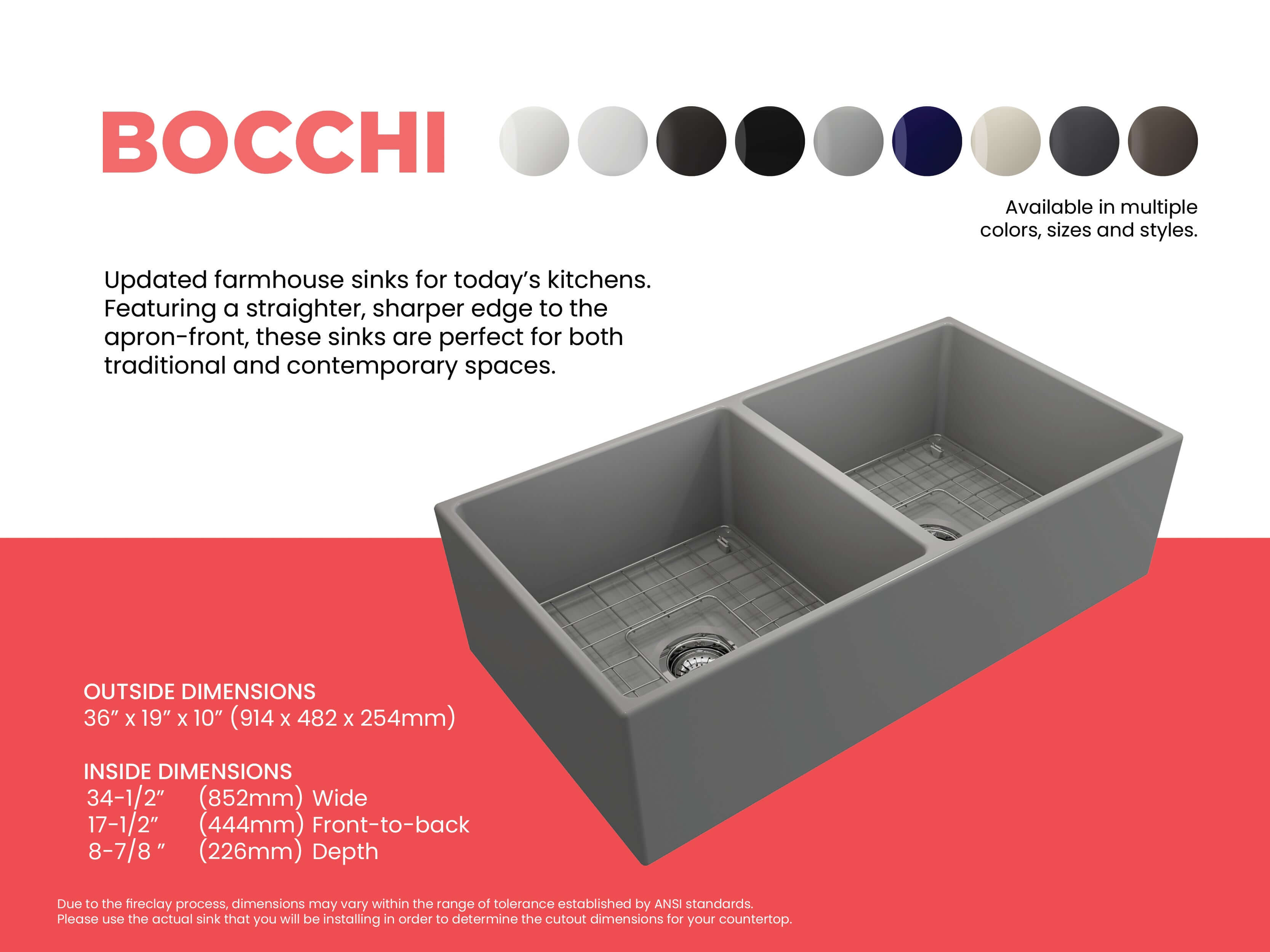 Alternate Image for BOCCHI Contempo 36" Fireclay Farmhouse Apron 50/50 Double Bowl Kitchen Sink, Matte Gray, 1350-006-0120