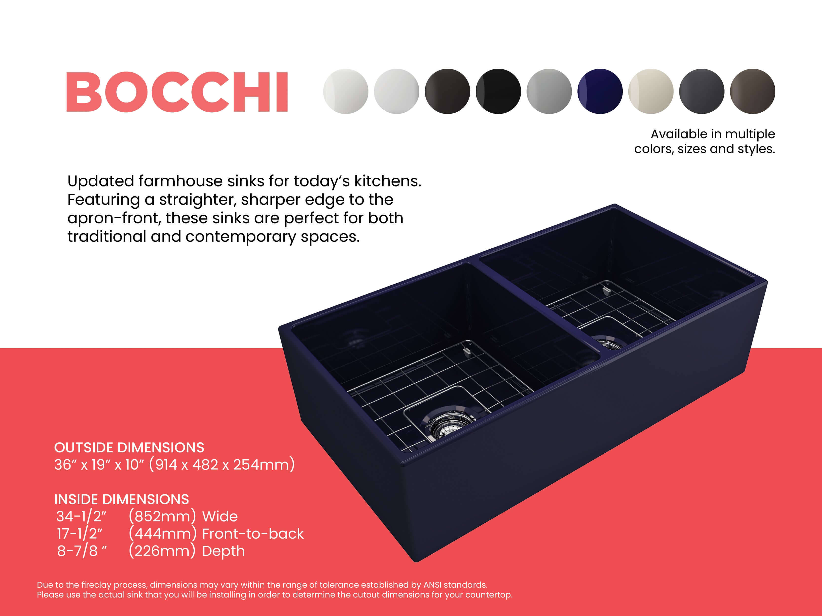Alternate Image for BOCCHI Contempo 36" Fireclay Farmhouse Apron 50/50 Double Bowl Kitchen Sink, Sapphire Blue, 1350-010-0120