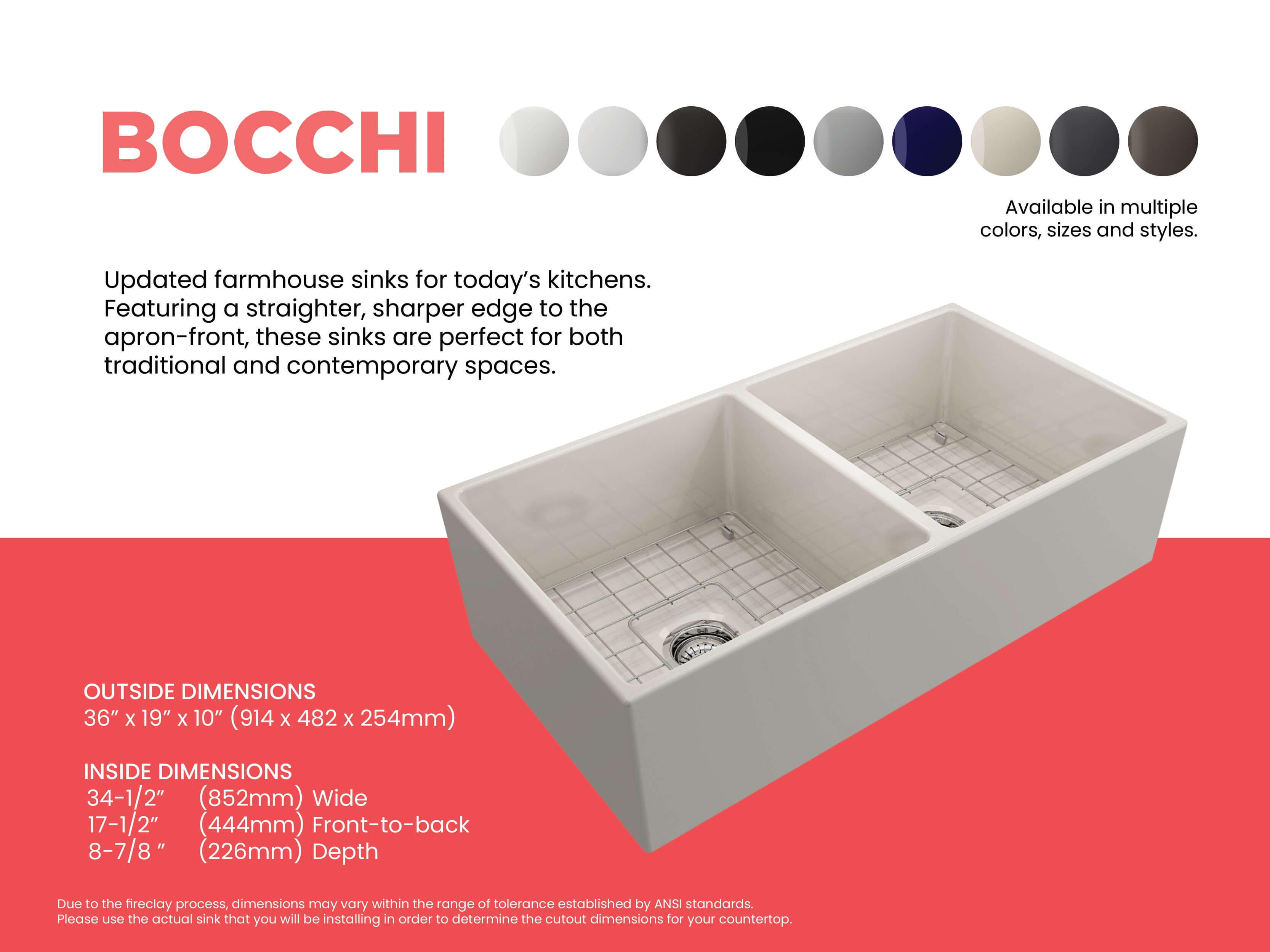Alternate Image for BOCCHI Contempo 36" Fireclay Farmhouse Apron 50/50 Double Bowl Kitchen Sink, Biscuit, 1350-014-0120