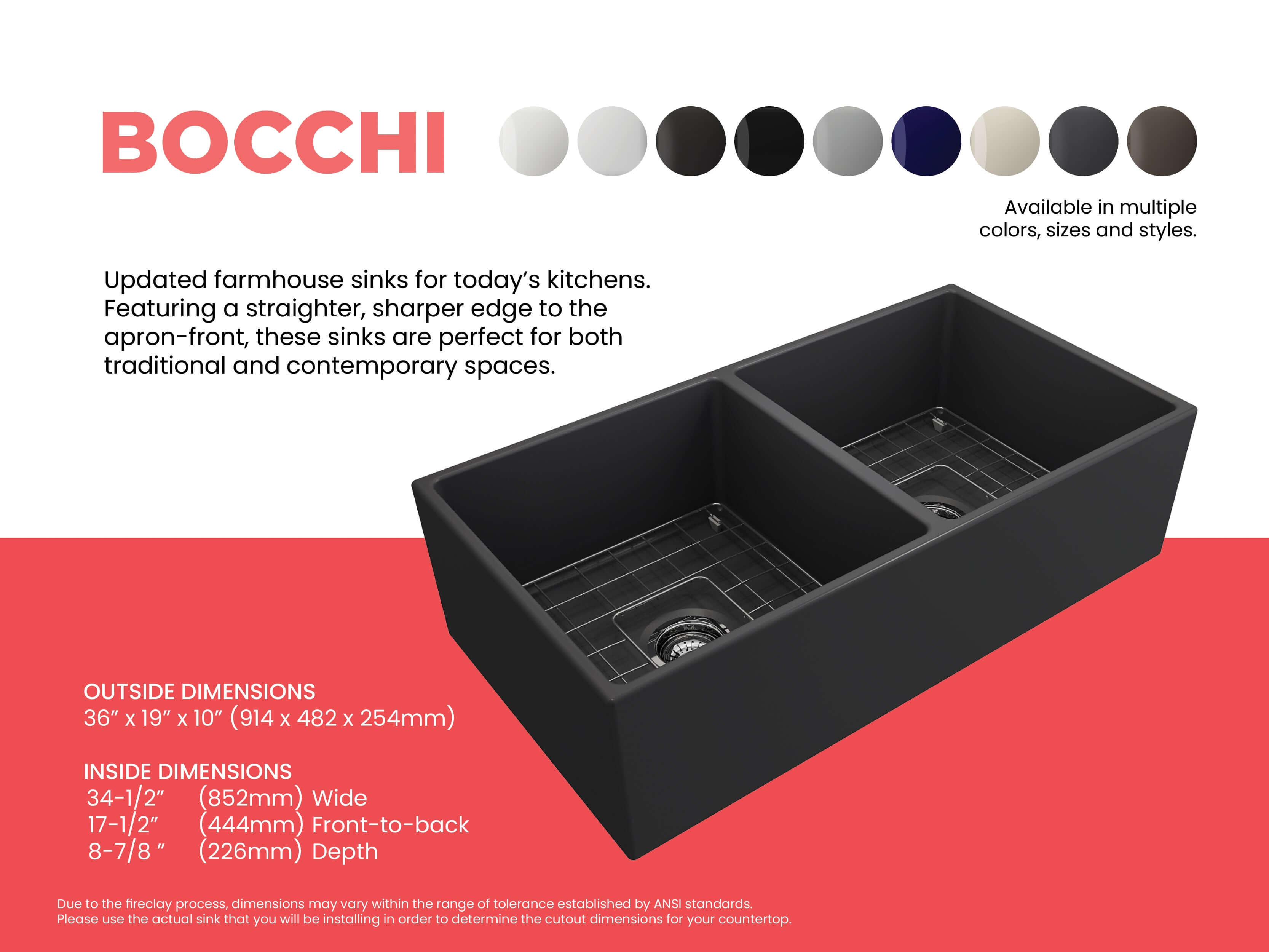 Alternate Image for BOCCHI Contempo 36" Fireclay Farmhouse Apron 50/50 Double Bowl Kitchen Sink, Matte Dark Gray, 1350-020-0120