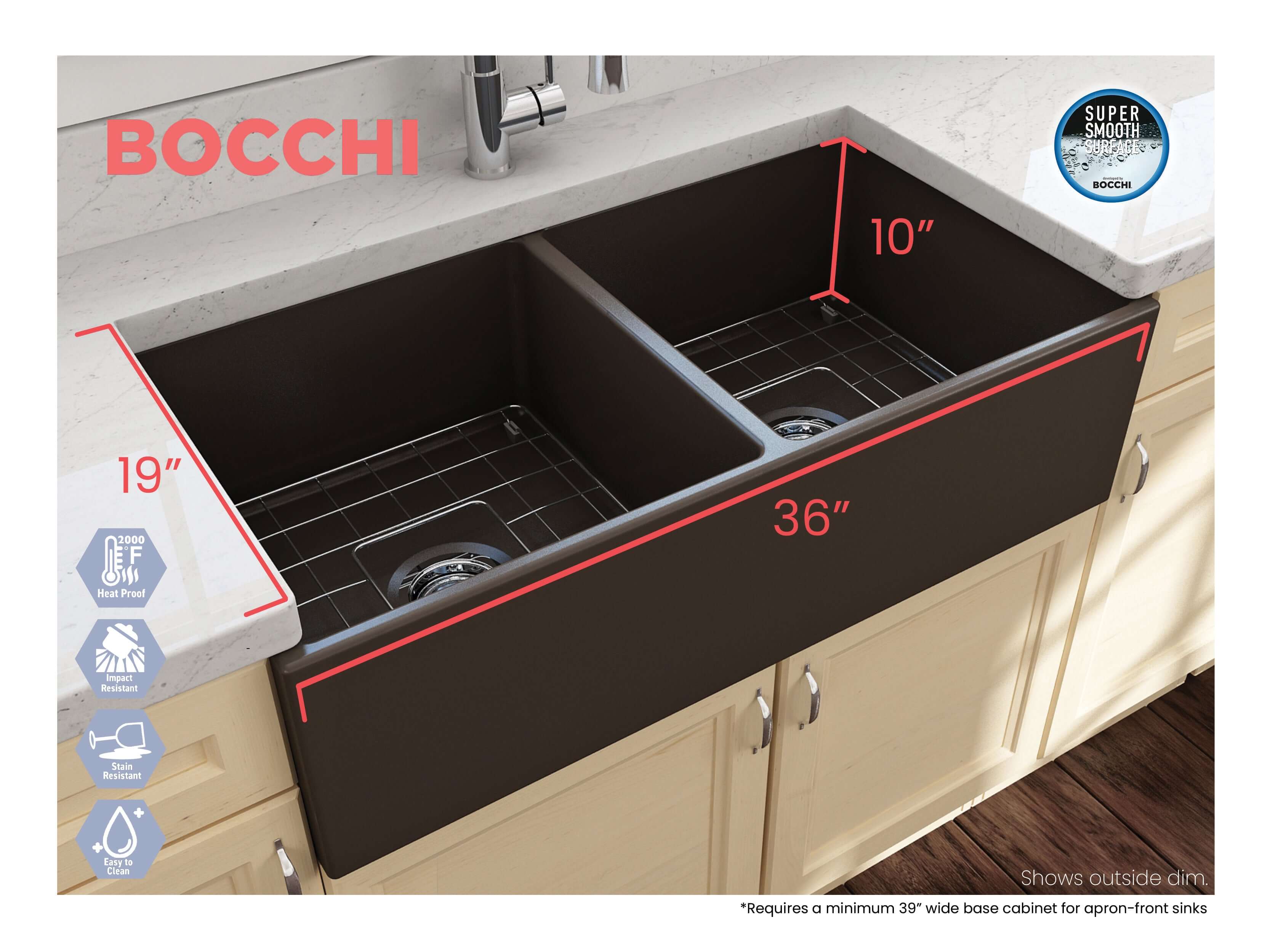 Alternate Image for BOCCHI Contempo 36" Fireclay Farmhouse Apron 50/50 Double Bowl Kitchen Sink, Matte Brown, 1350-025-0120