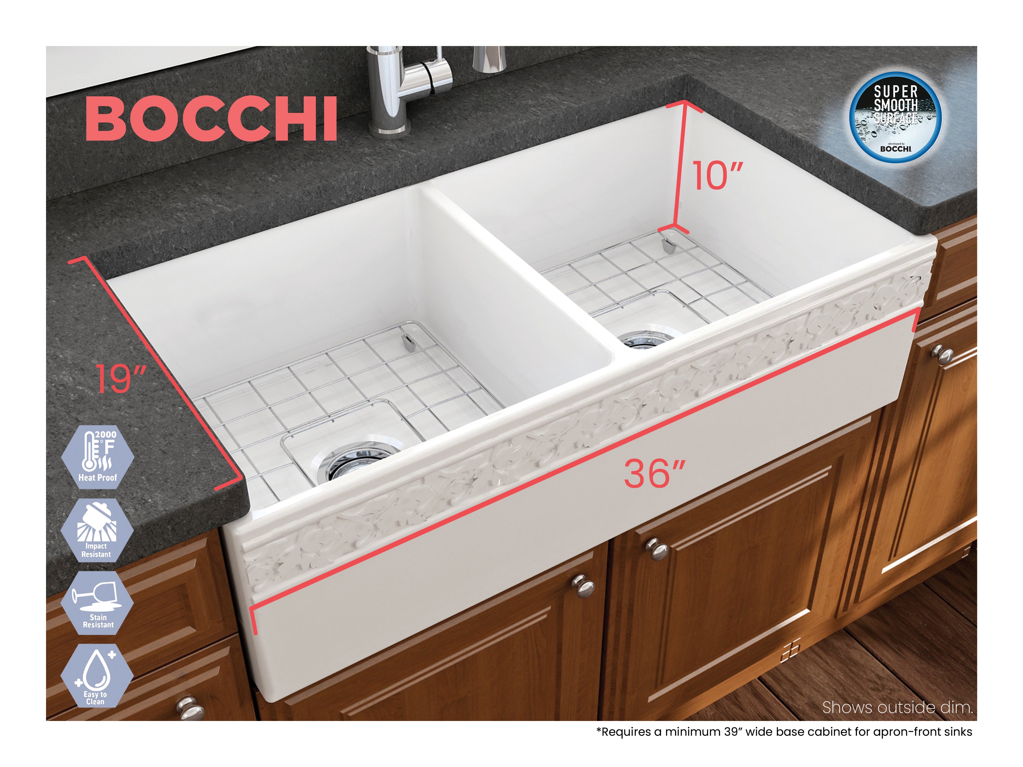 BOCCHI Vigneto 36" Fireclay Farmhouse Apron 50/50 Double Bowl Kitchen Sink, White, 1351-001-0120